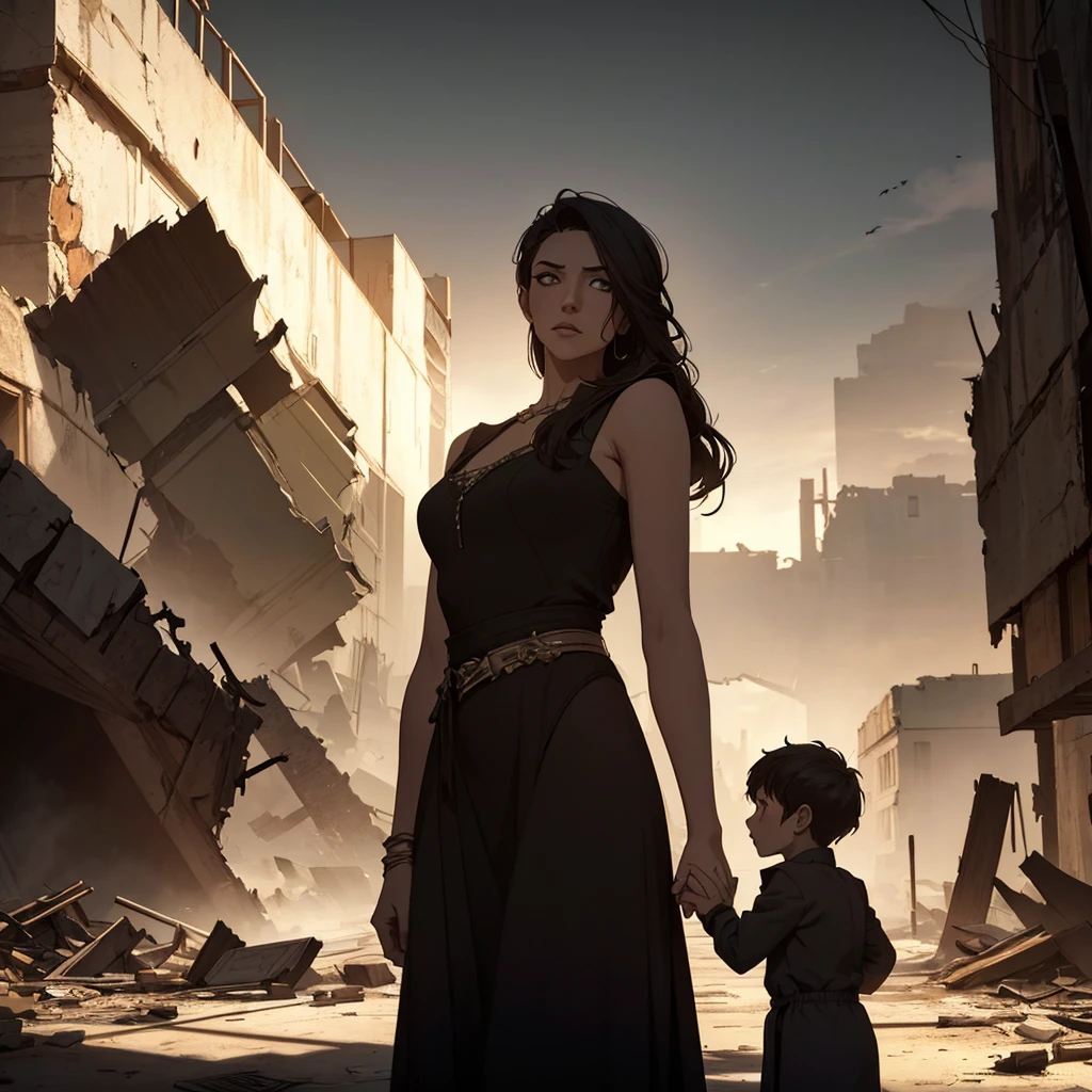 a mother and kid holding hands looking at a destroyed city, detailed facial features, beautiful eyes and lips, elegant dress, warm lighting, cinematic composition, dramatic lighting, muted color palette, post-apocalyptic environment, highly detailed, 8k, photorealistic, masterpiece
