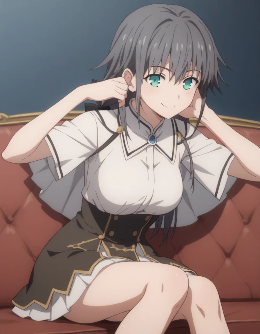anime girl with big breast sitting on a couch with her hands on her head, seductive anime girl, , anime girls, ecchi, anime girl, anime moe artstyle, teasing smile, top rated on pixiv, ecchi anime style, anime best girl, attractive anime girl, (sfw) safe for work, (anime girl)