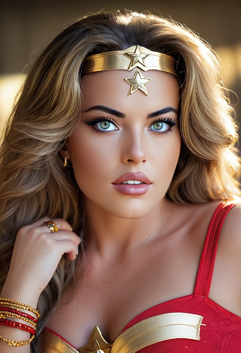 a beautiful sexy classic 70s wonder woman, beautiful detailed eyes, beautiful detailed lips, extremely detailed eyes and face, long eyelashes, cinematic lighting, natural skin texture, muscular athletic body, heroic pose, flowing hair, red and gold costume, iconic star symbol, ridges on bracelets, lasso of truth, amazon warrior, photorealistic, highly detailed, dynamic composition, vivid colors, dramatic shadows and highlights