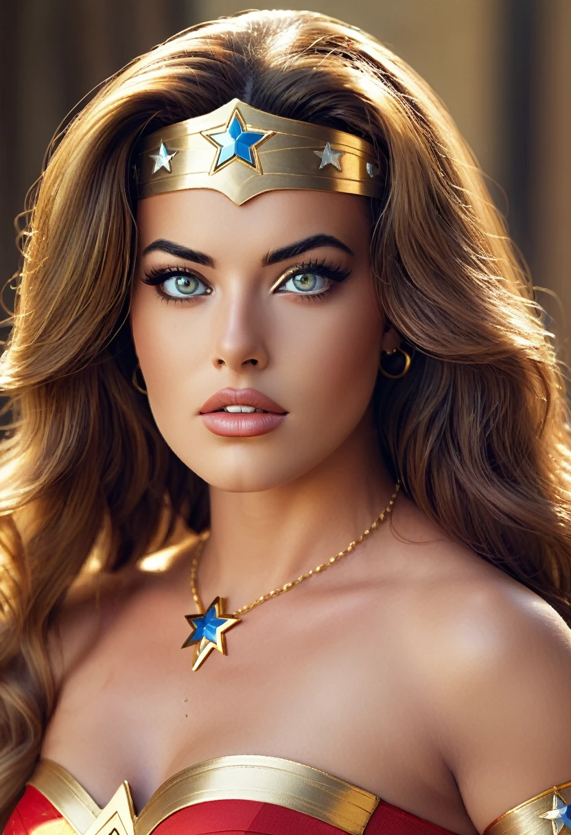 a beautiful sexy classic 70s wonder woman, beautiful detailed eyes, beautiful detailed lips, extremely detailed eyes and face, long eyelashes, cinematic lighting, natural skin texture, muscular athletic body, heroic pose, flowing hair, red and gold costume, iconic star symbol, ridges on bracelets, lasso of truth, amazon warrior, photorealistic, highly detailed, dynamic composition, vivid colors, dramatic shadows and highlights