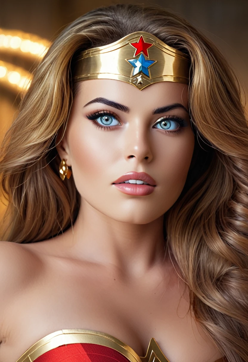 a beautiful sexy classic 70s wonder woman, beautiful detailed eyes, beautiful detailed lips, extremely detailed eyes and face, long eyelashes, cinematic lighting, natural skin texture, muscular athletic body, heroic pose, flowing hair, red and gold costume, iconic star symbol, ridges on bracelets, lasso of truth, amazon warrior, photorealistic, highly detailed, dynamic composition, vivid colors, dramatic shadows and highlights