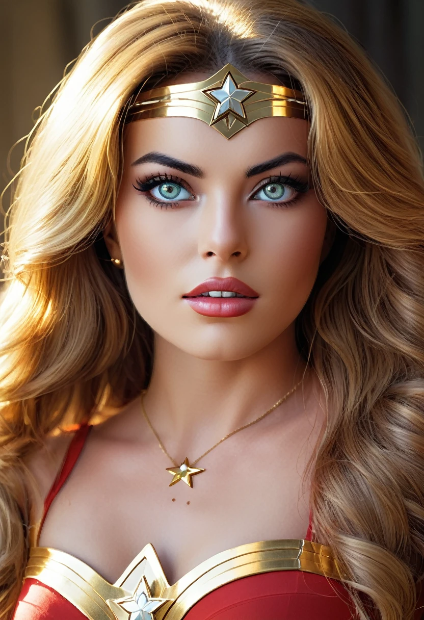 a beautiful sexy classic 70s wonder woman, beautiful detailed eyes, beautiful detailed lips, extremely detailed eyes and face, long eyelashes, cinematic lighting, natural skin texture, muscular athletic body, heroic pose, flowing hair, red and gold costume, iconic star symbol, ridges on bracelets, lasso of truth, amazon warrior, photorealistic, highly detailed, dynamic composition, vivid colors, dramatic shadows and highlights