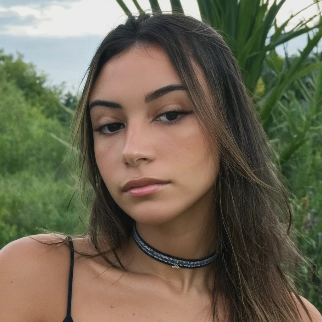 Skin texture, no makeup, Super high res closeup portrait photo of a stunning woman outdoors with straight hair, wearing a small string choker around her neck,f /2.8, Canon, 85mm,cinematic, high quality,looking at the viewer,17ans yeux gris