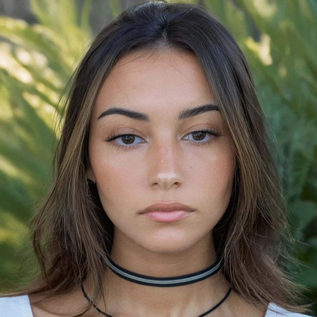 Skin texture, no makeup, Super high res closeup portrait photo of a stunning woman outdoors with straight hair, wearing a small string choker around her neck,f /2.8, Canon, 85mm,cinematic, high quality,looking at the viewer,17ans yeux gris
