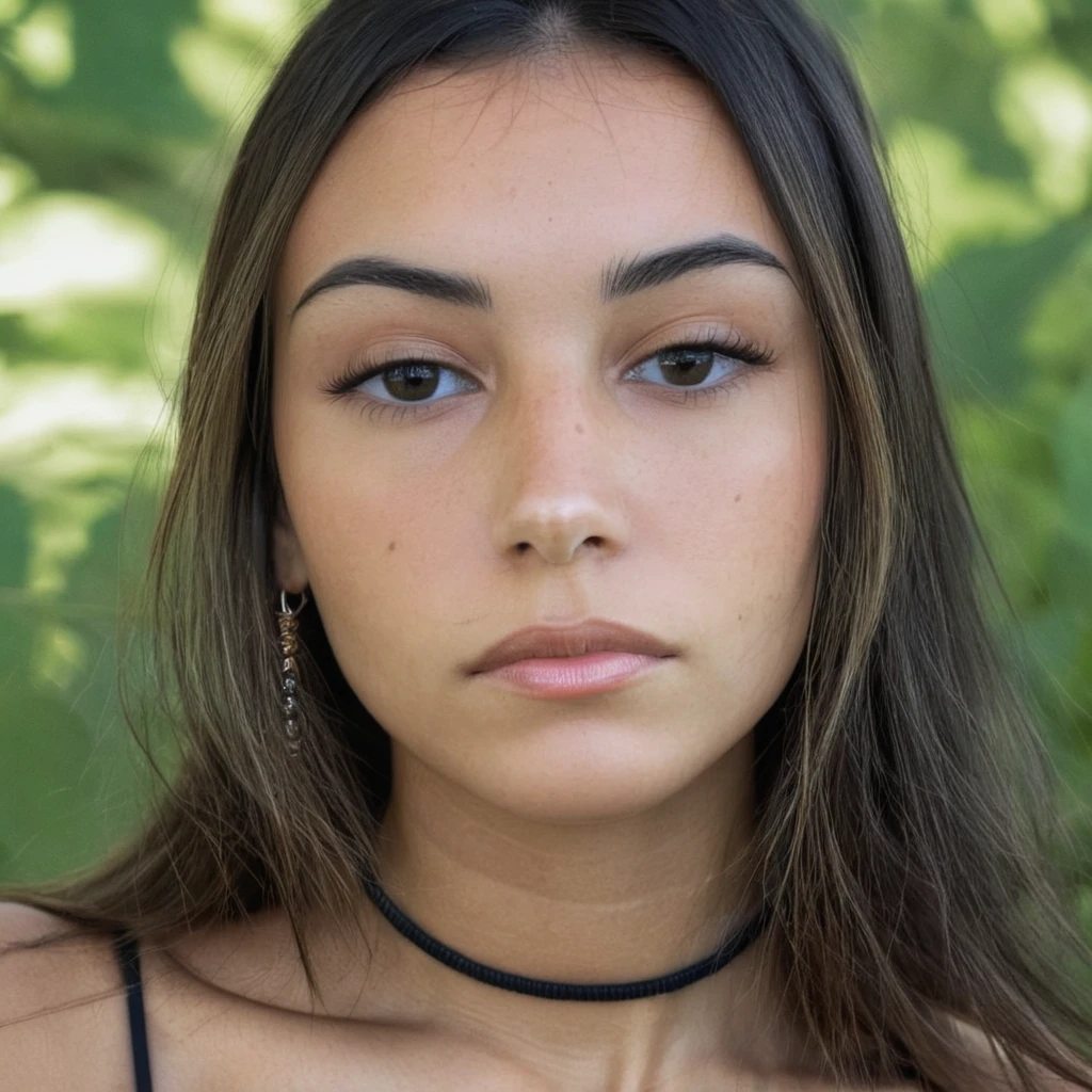 Skin texture, no makeup, Super high res closeup portrait photo of a stunning woman outdoors with straight hair, wearing a small string choker around her neck,f /2.8, Canon, 85mm,cinematic, high quality,looking at the viewer,17ans yeux gris 
