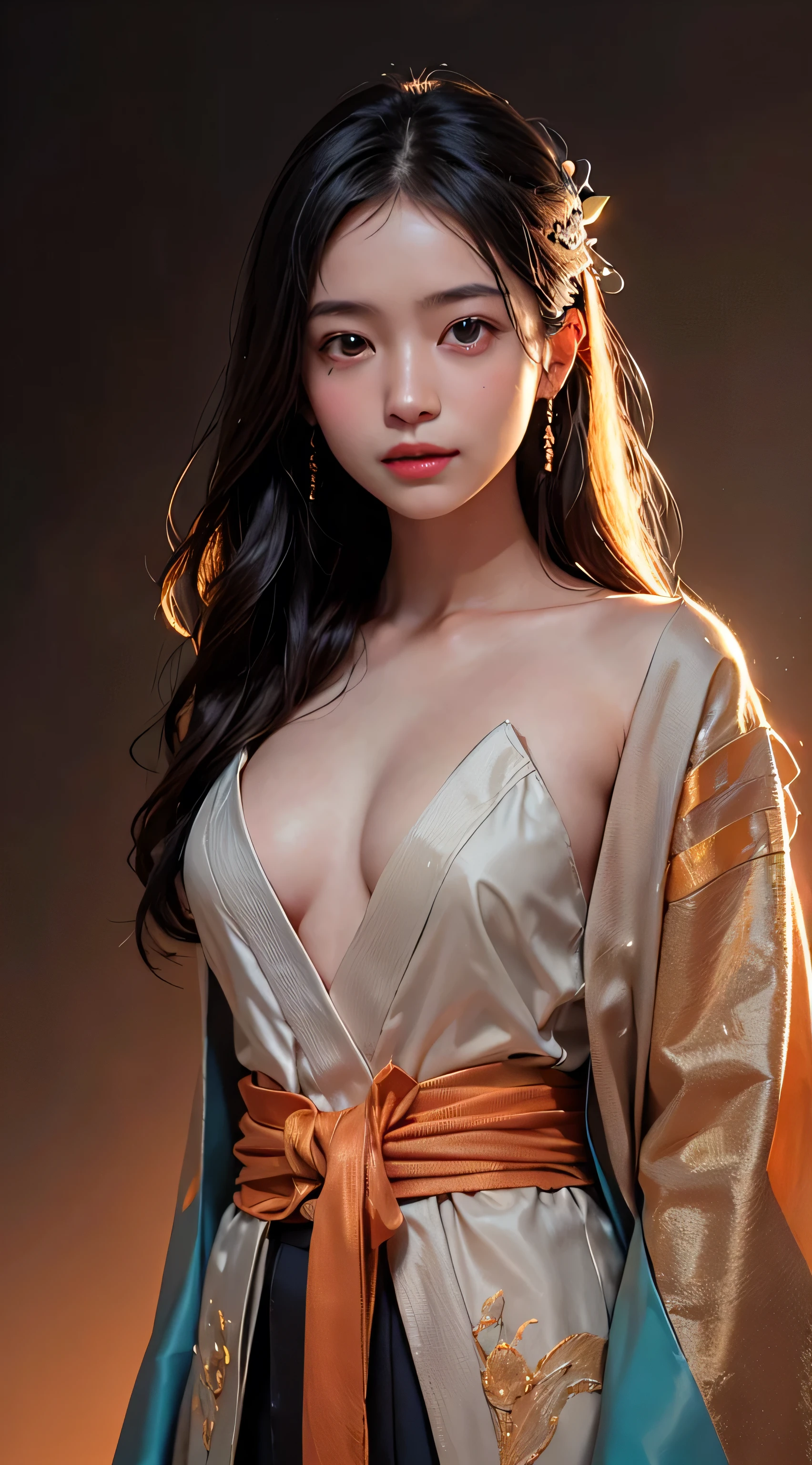 a (12 year old, 12 year, age-12) girl, long hair, soothing tones, high contrast, (natural skin texture, hyperrealism, soft light, sharp),golden holy aura glow, particles,exposure blend, medium shot, (hdr:1.4), high contrast, (cinematic, teal and orange:0.85), (muted colors, dim colors, soothing tones:1.3), low saturation, (hyperdetailed:1.2), (noir:0.4), big breats, smile, kimono, topless