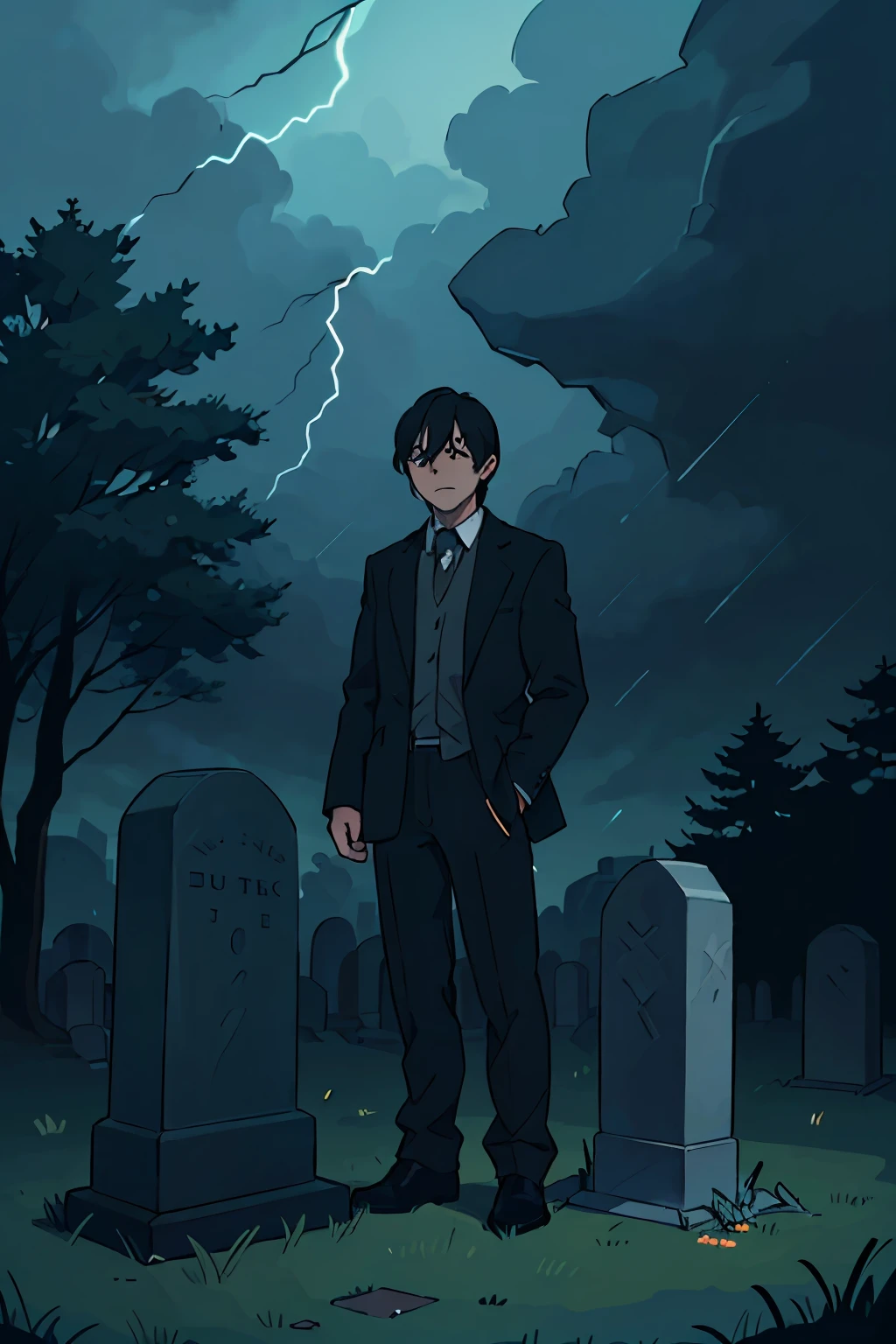 A man in his mid-thirties standing by a gravestone in a quiet cemetery, his eyes filled with sorrow, the sky overcast with dark clouds threatening rain.