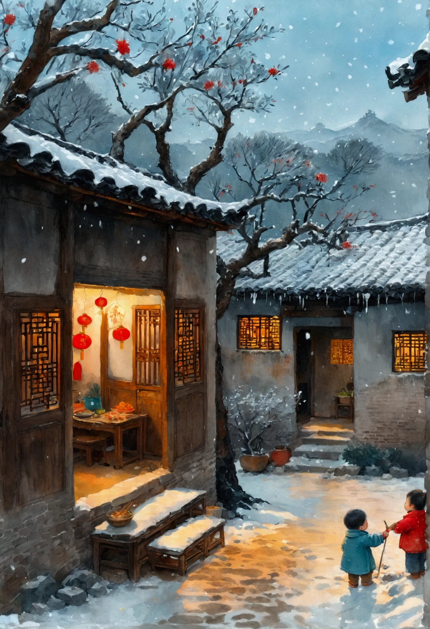 Ink Painting：China 70s，CNY，festival，winter，heavy snow，Village courtyard，firecracker，Warm home，patio，Icicles on the eaves，Tree，Dirt paths，Happy  ones