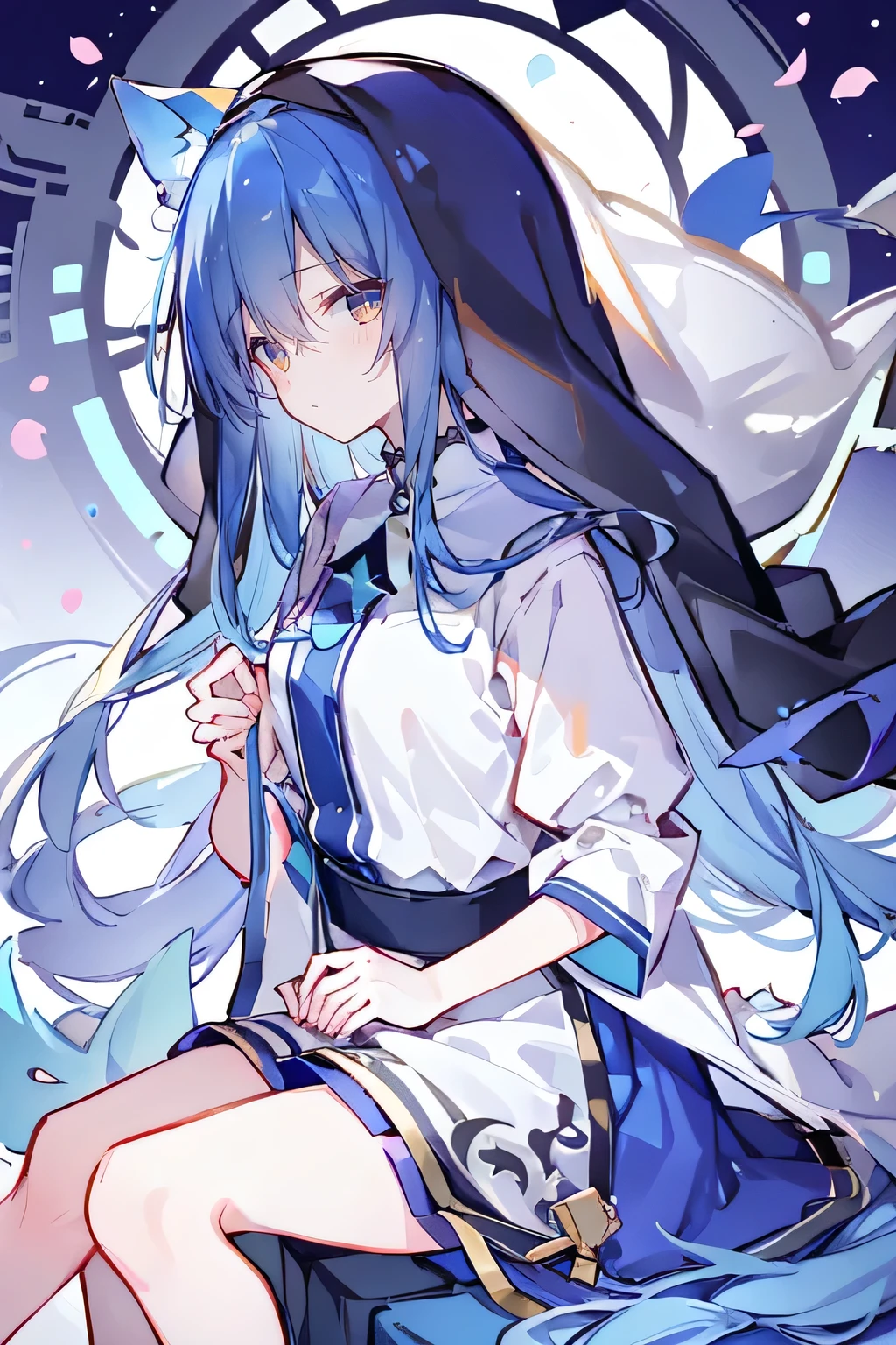 (masterpiece:1.2),Extremely detailed,Practical,expressive eyes,Fair skin,Perfect face shaping,1 Girl,
Japanese cartoons,Gorgeous blue hair, the long flowing blue hair,Floating clothes,Cat ears,Petals fall,beautiful lola,Young Angel,
Place your hands on your waist,sit elegantly on the ground,Cross your legs,Gentle and peaceful background,stately church,nun.