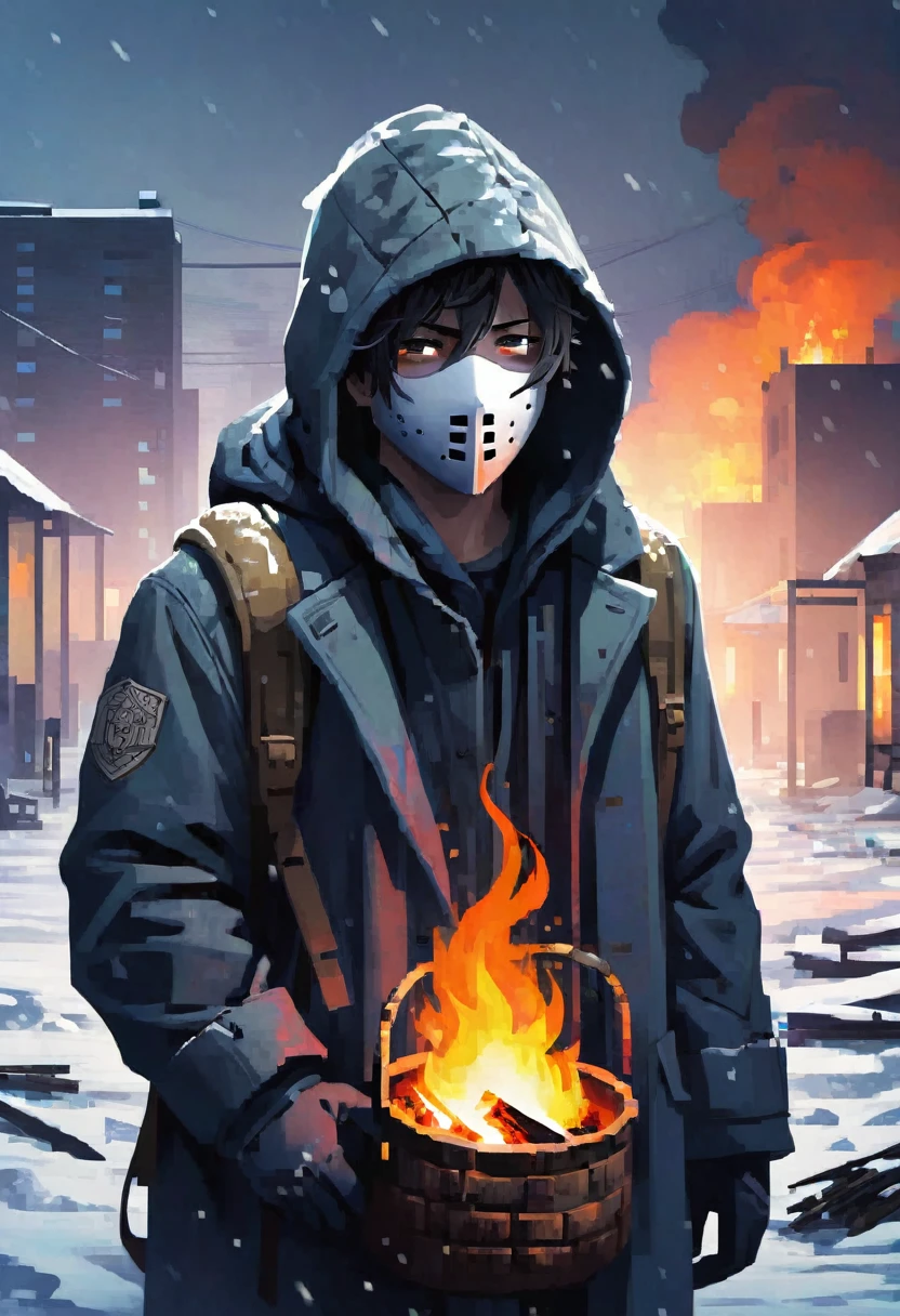 man, 21 years old, survivor, dressed in a long coat, Hood, mask, backpack, winter apocalypse, Loneliness, gloom, Dead city, bonfire, night