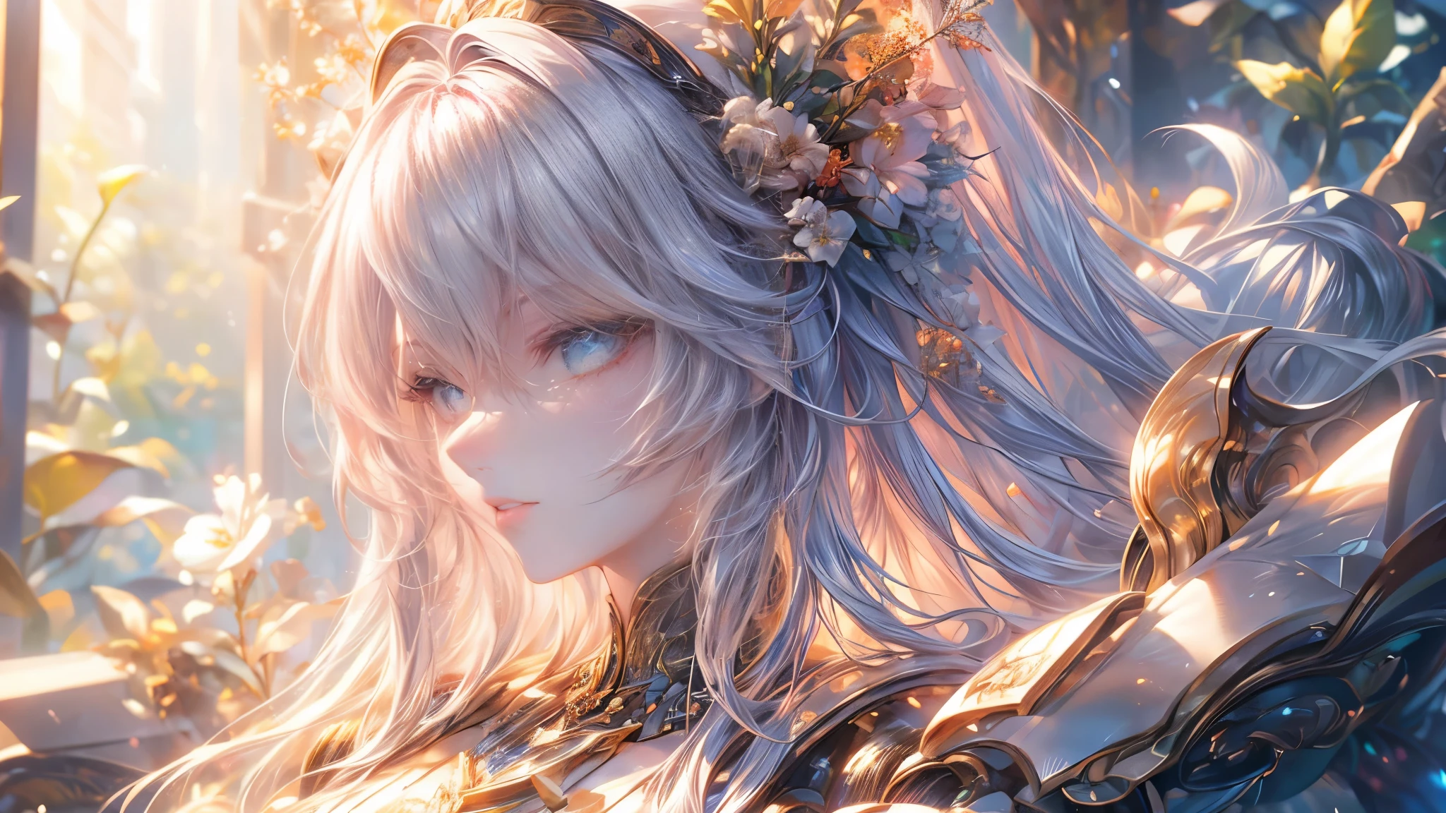 (best quality,8K,CG),detail upper body,lonesome girl,floral dress,forest background,detailed facial features,elegant long hair,almond-shaped eyes,detailed eye makeup,long fluttering eyelashes,blinking big eyes,twinkling stars,complex lip details,soft style