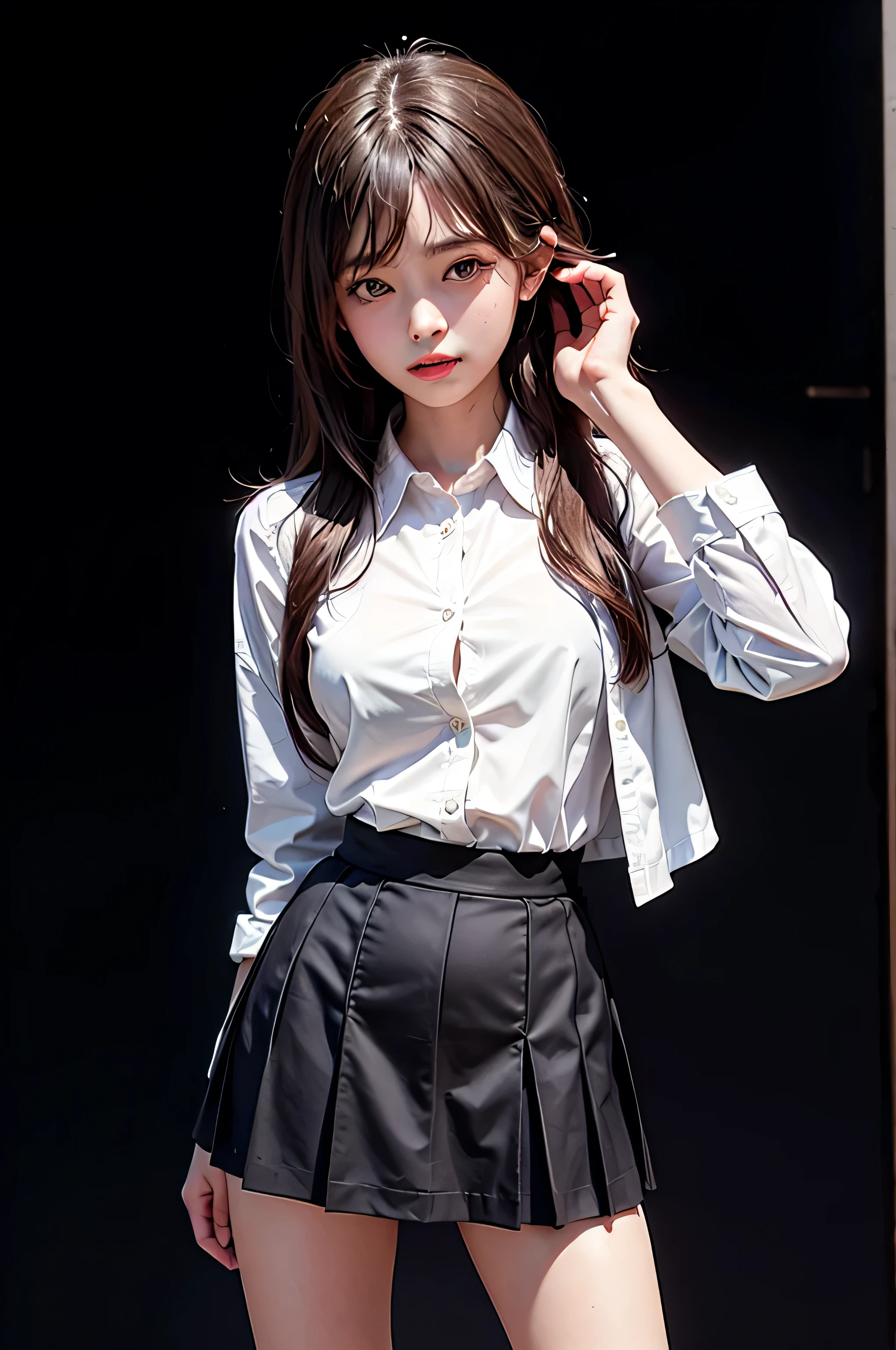 1girl, (, 12 year, agsolo, lonair,ooking at viewer, blush, bangs, skirt, simple background, brown hair, shirt, long sleeves, black background, closed mouth, , standing, white shirt, pleated skirt, open clothes, no bra,(nsfw) socks, collared shirt, hand up, miniskirt, sleeves past wrists, kneehighs, swept bangs, green skirt, black socks, arm at side, hand in own hair, masterpiece, best quality, highly detailed, open vest