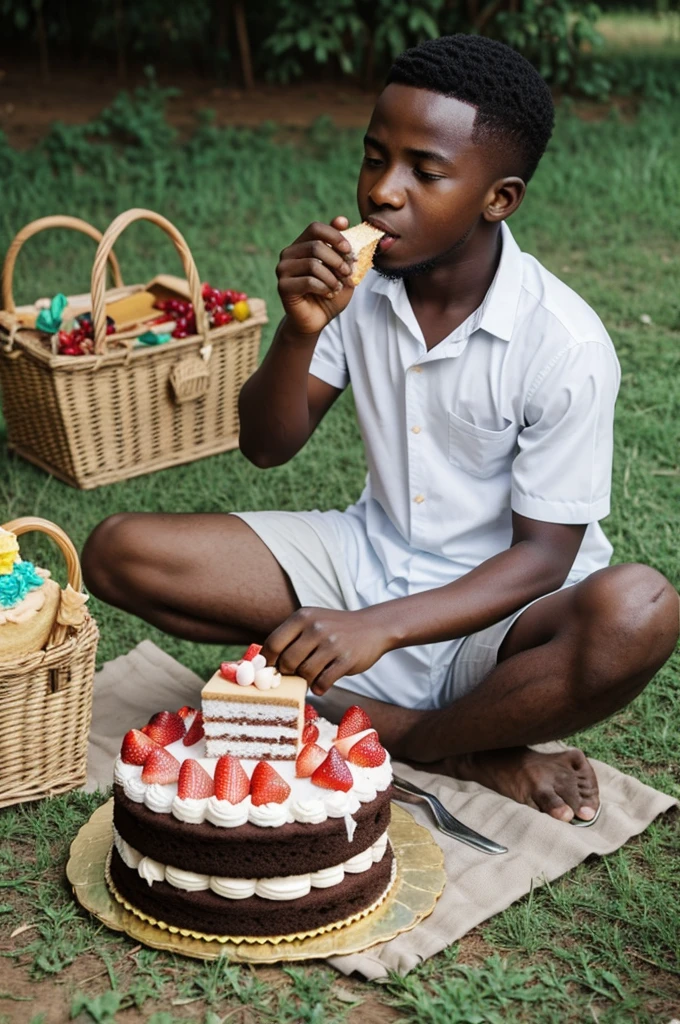 A Nigerian boy eating cake in the picnic