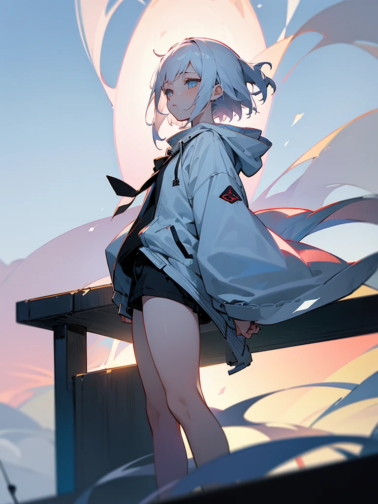 Dark anime style、White shorthair、10th Generation、girl、Sadness face、White hoodie、Black jacket、Black shorts、Peaceful town background、high resolution、The body is facing towards you