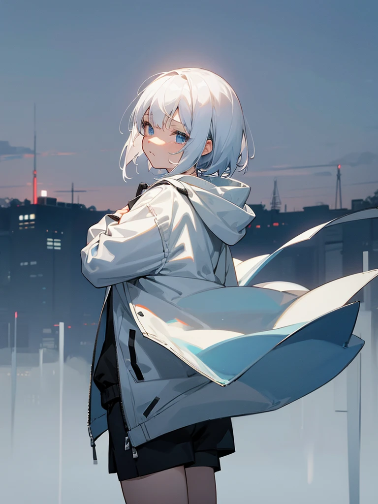 Dark anime style、White shorthair、10th Generation、girl、Sadness face、White hoodie、Black jacket、Black shorts、Peaceful town background、high resolution、The body is facing towards you