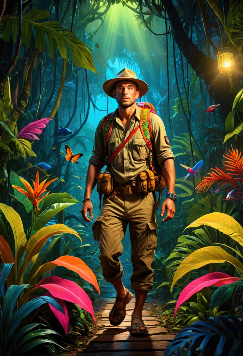 (Jungle Adventurer), Stunning illustration, glowing in the dark with colorful multicolor light, in the style of pop surrealist artist, fine art, full body, award-winning, cinematic still, emotional, vignette, dynamic, vivid, (masterpiece, best quality, Professional, perfect composition, very aesthetic, absurdres, ultra-detailed, intricate details:1.3)