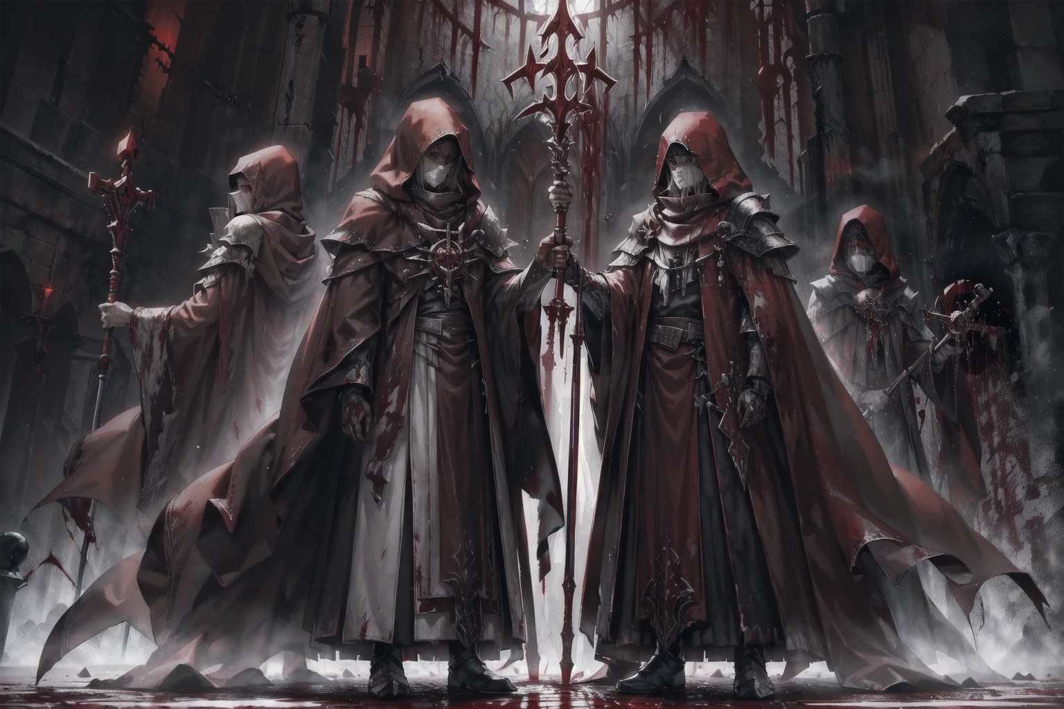 ((blood droplets)), ((blood)), ((blood splatter)), ((blood on clothes)) ((blood stain)), masterpiece, Superior image quality, High resolution, 4k image, 3 tall men, thin, hooded, faces hidden by the hood, crimson robes, They wield a long staff with encrusted campaigns, standing in a dark room, at night, crimson sky,