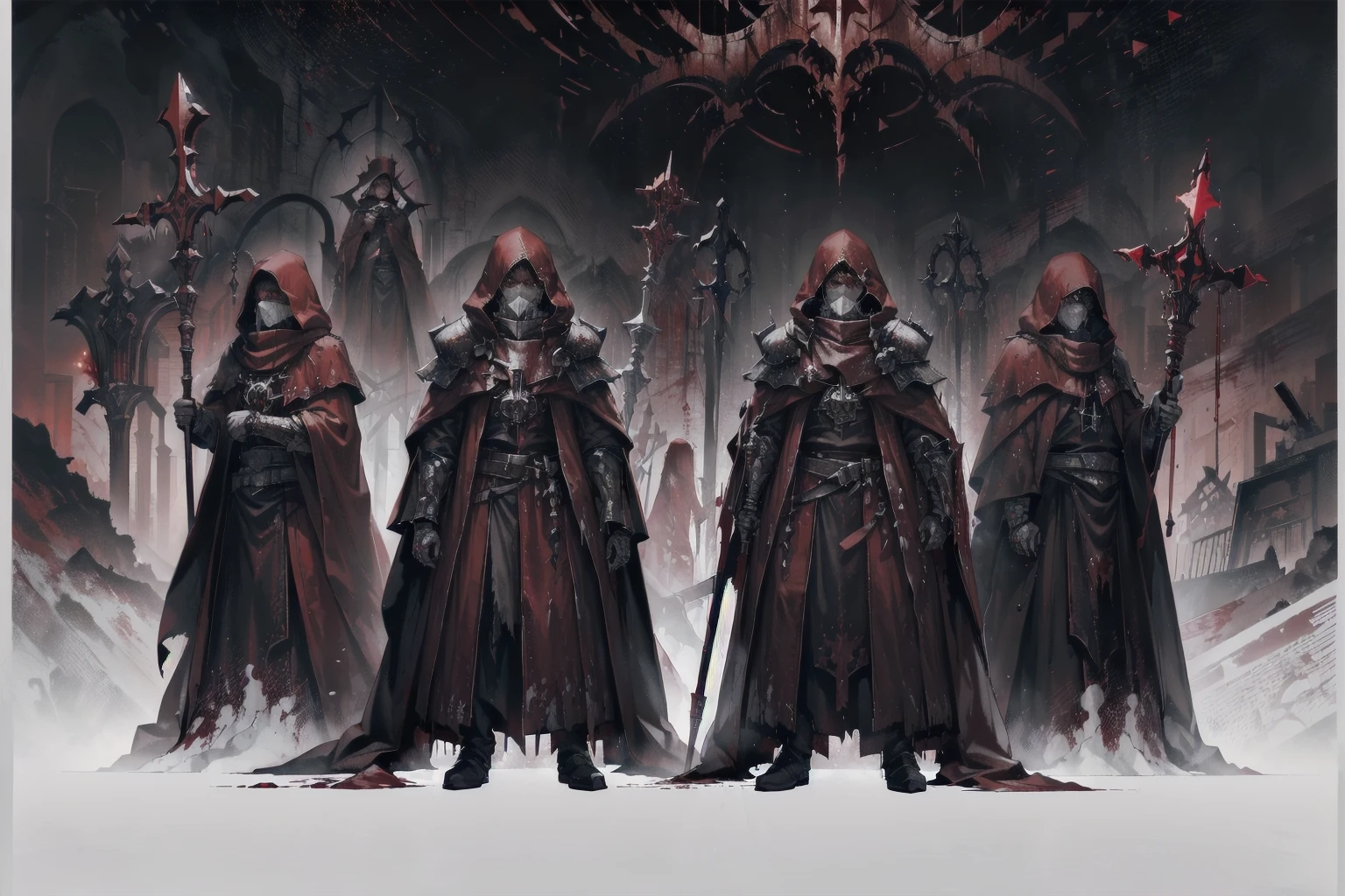 ((blood droplets)), ((blood)), ((blood splatter)), ((blood on clothes)) ((blood stain)), masterpiece, Superior image quality, High resolution, 4k image, 3 tall men, thin, hooded, faces hidden by the hood, crimson robes, They wield a long staff with encrusted campaigns, standing in a dark room, at night, crimson sky,