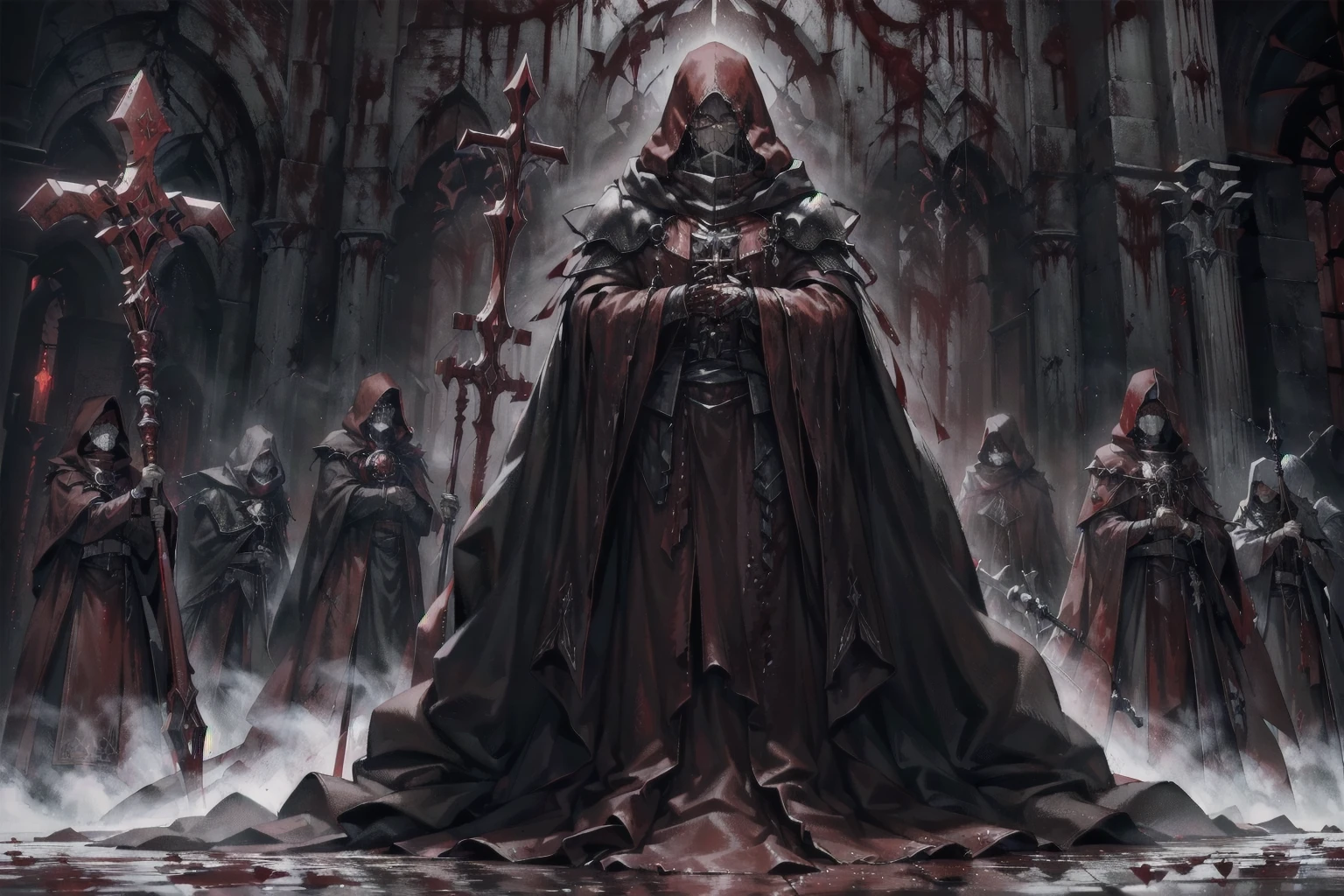 ((blood droplets)), ((blood)), ((blood splatter)), ((blood on clothes)) ((blood stain)), masterpiece, Superior image quality, High resolution, 4k image, 3 tall men, thin, hooded, faces hidden by the hood, crimson robes, They wield a long staff with encrusted campaigns, standing in a dark room, at night, crimson sky,