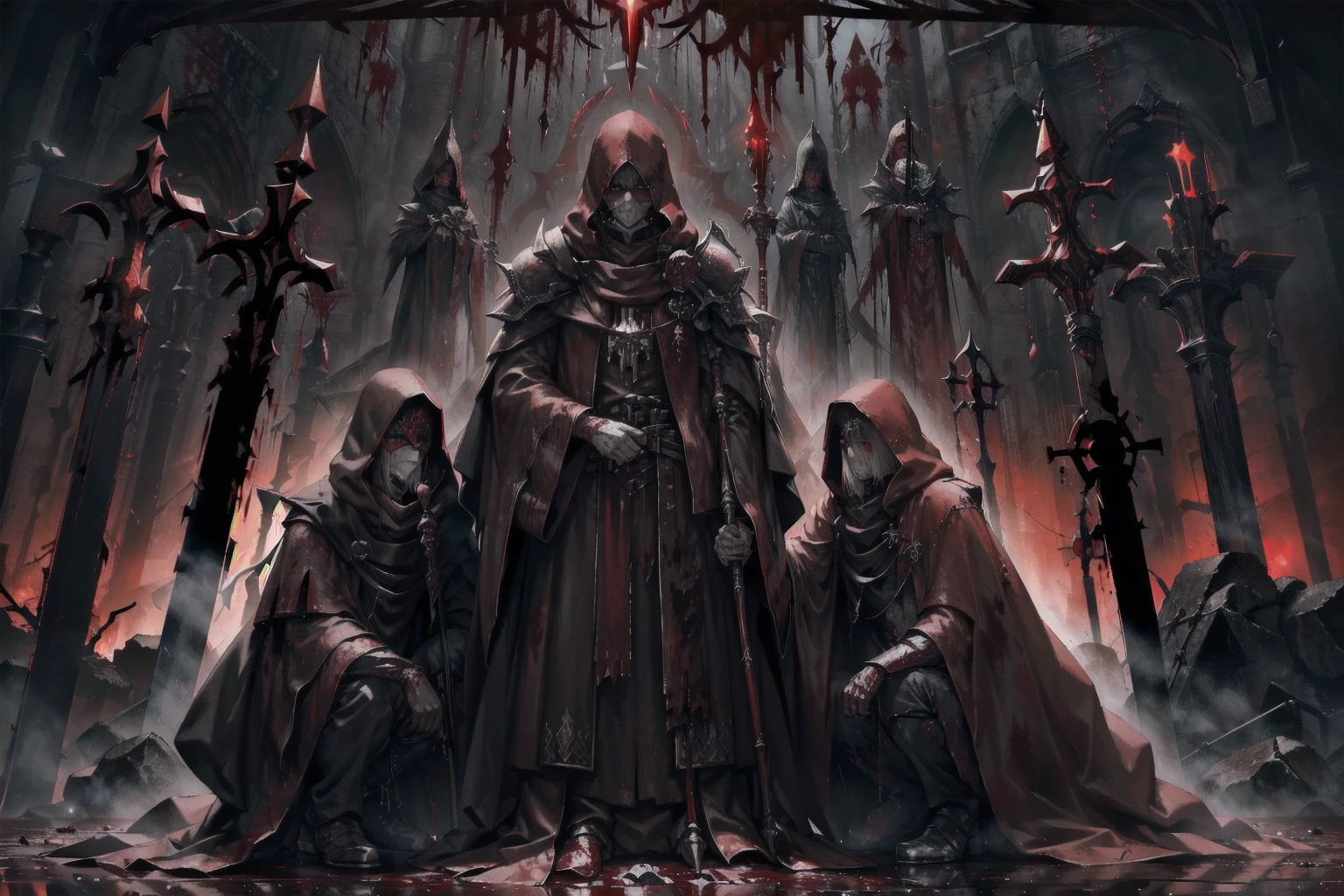 ((blood droplets)), ((blood)), ((blood splatter)), ((blood on clothes)) ((blood stain)), masterpiece, Superior image quality, High resolution, 4k image, 3 tall men, thin, hooded, faces hidden by the hood, crimson robes, They wield a long staff with encrusted campaigns, standing in a dark room, at night, crimson sky,