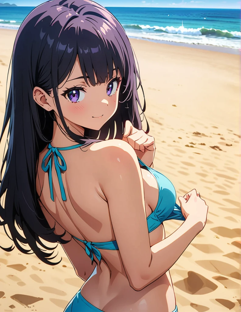 (anime artwork, anime style, studio anime, very detailed, up to date, vibrant, Anime Coloring, high contrast, masterpiece:1.2, best quality, best aesthetics),1 girl,hug from behind,bikini, Medium chest,random hair, One eye is hidden by the bangs, perfect proportions, high detail skin, Cute, detailed faces,beach, precise fingers,curvy,adjusting bikini, from behind, looking back,full body, 