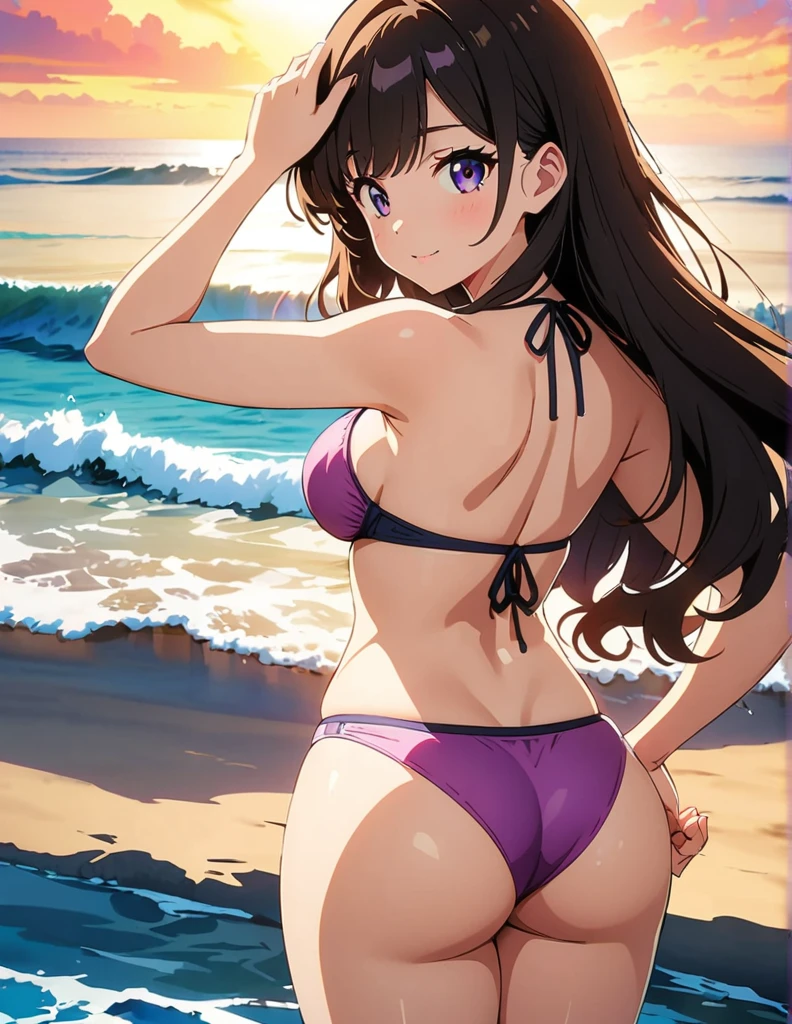 (anime artwork, anime style, studio anime, very detailed, up to date, vibrant, Anime Coloring, high contrast, masterpiece:1.2, best quality, best aesthetics),1 girl,hug from behind,bikini, Medium chest,random hair, One eye is hidden by the bangs, perfect proportions, high detail skin, Cute, detailed faces,beach, precise fingers,curvy,adjusting bikini, from behind, looking back,full body, 