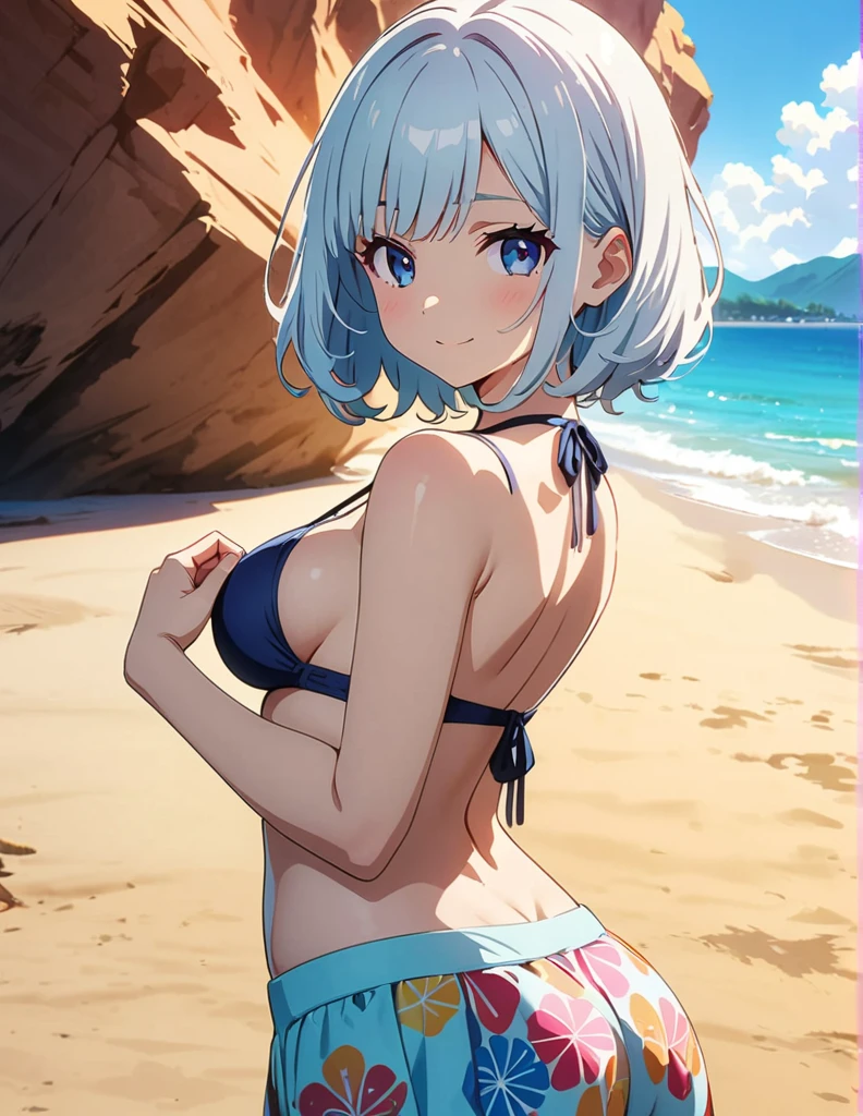 (anime artwork, anime style, studio anime, very detailed, up to date, vibrant, Anime Coloring, high contrast, masterpiece:1.2, best quality, best aesthetics),1 girl,hug from behind,bikini, Medium chest,random hair, One eye is hidden by the bangs, perfect proportions, high detail skin, Cute, detailed faces,beach, precise fingers,curvy,adjusting bikini, from behind, looking back,full body,