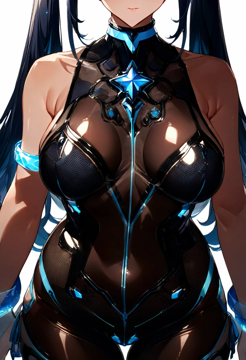 Blue Star,Twin tails,See-through,Top view,Standing on a white floor,See-through,Blue light pattern,sexyデザインのSee-throughボディスーツ,Transparent skin,胸元にBlue Starのデザイン,胸元がSee-throughボディスーツ,Shiny bodysuit,sexy,Big blue light bracelet,Big blue light anklet,Blue light accessories that dig into your thighs,Accentuated chest,Accentuated chest shape,Close-up of face and chest,