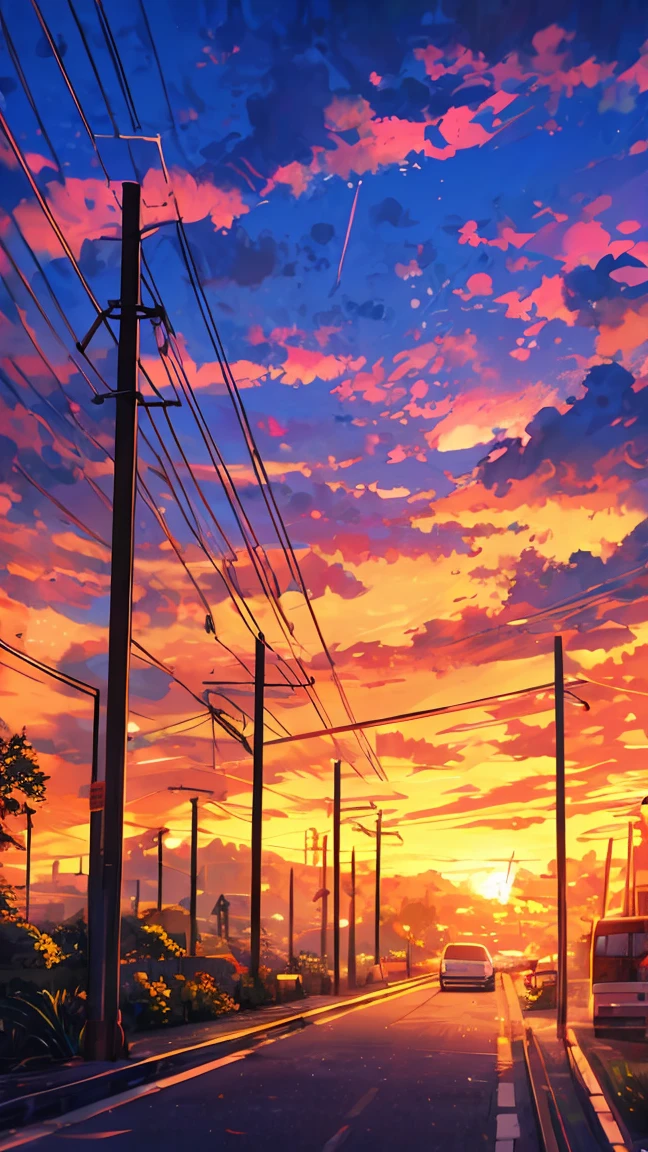 masterpiece, concept art, a painting of (electric poles:1.5) in a city street at sunset, a painting, by sylvain sarrailh, anime hi-fructose, telephone wires, gta art, warm sundown, beautiful iwakura, toon aesthetic, colorful house, connecting lines, anime screenshot, art », muffled colours, kawai, 2077, “ anime, bright: