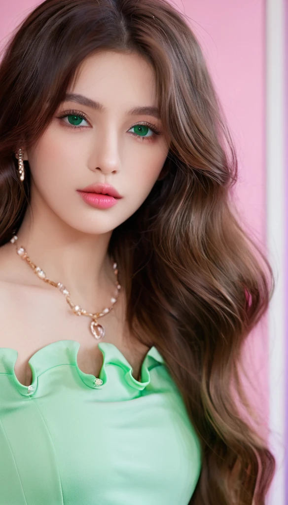 Long wavy hair, Brown hair, 1 Girl, Emerald eyes, Wave with two fingers, Pink lips, Light green dress,
