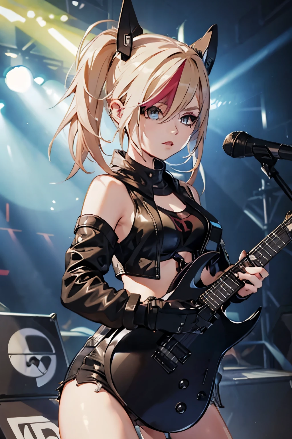 realistic:1.2, Rocker girl wearing a leather jacket,slim body shape、Normal bust size, full body shot, 1two electric guitars, clothes with spikes,white tank top、Navel exposed、low rise leather shorts,tattoo,earrings dark lipstick, blue eyes,blonde twintail hair,black ribbon, beautiful and perfect legs, confident look, punk style ,dynamic pose, dynamic lighting, brightly colored stage,colorful stage lights, ant alexa 65, 50MM lens