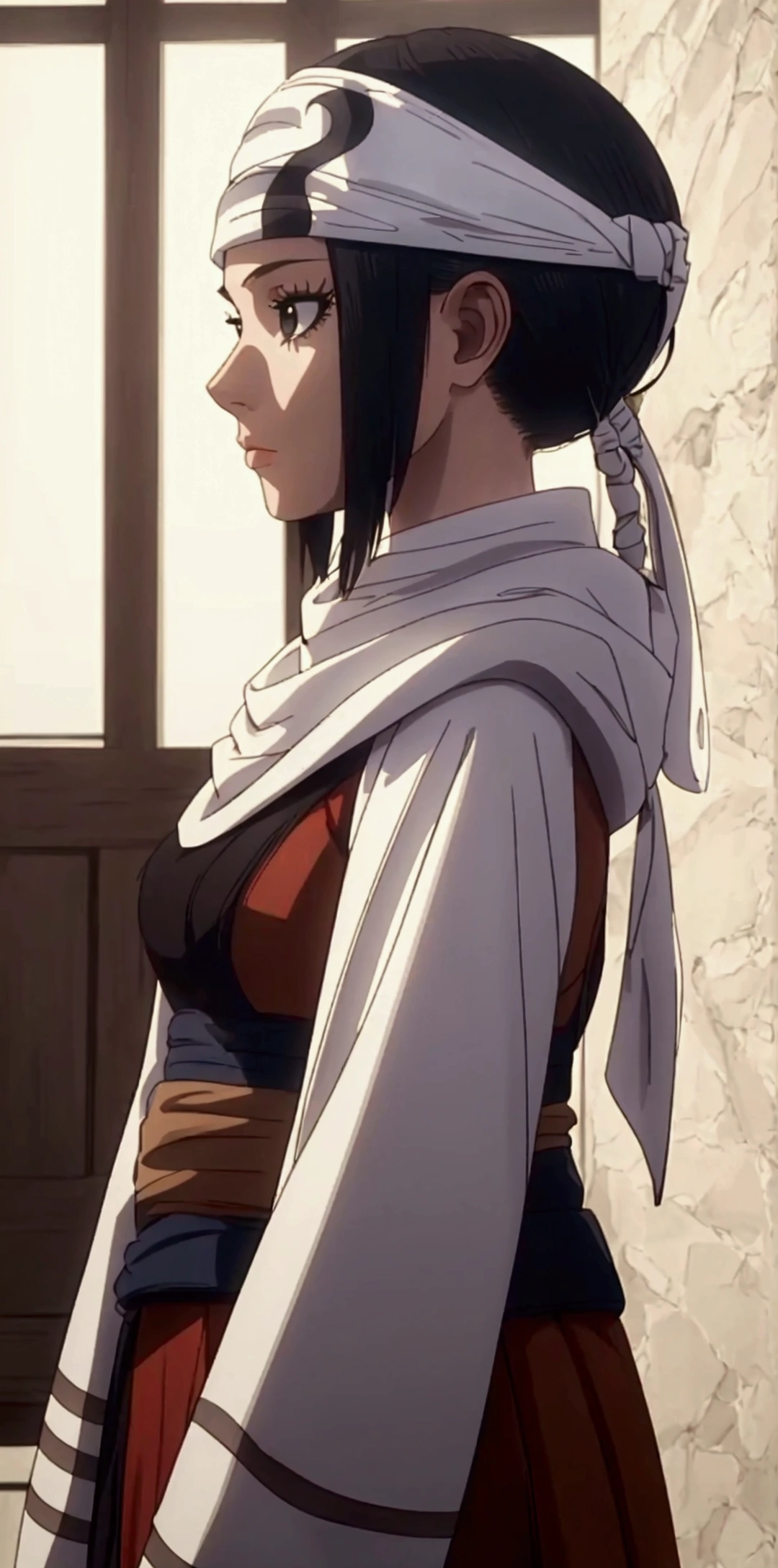 beautiful young girl with a bob haircut, standing alone, wearing a cowl headband, in profile, looking directly at the viewer, (best quality, 4k, 8k, highres, masterpiece:1.2),