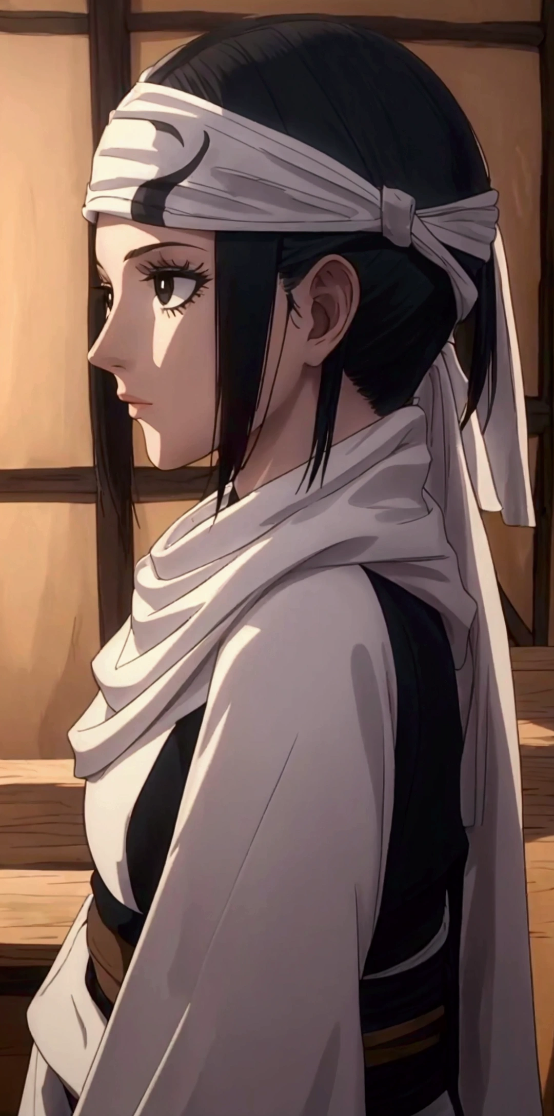 beautiful young girl with a bob haircut, standing alone, wearing a cowl headband, in profile, looking directly at the viewer, (best quality, 4k, 8k, highres, masterpiece:1.2),