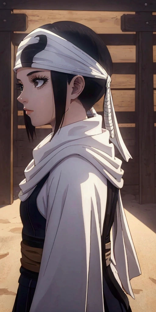 beautiful young girl with a bob haircut, standing alone, wearing a cowl headband, in profile, looking directly at the viewer, (best quality, 4k, 8k, highres, masterpiece:1.2),