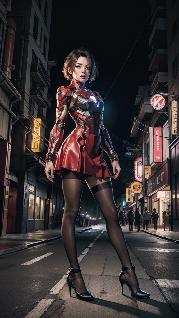 Beautiful Iron Man，Full body portrait，Wear a short skirt，Black pantyhose，Wearing high heels，Cyberpunk，Night，Hyperrealism，Neon Street，Ray Tracing，masterpiece，Light and Shadow，Fine drawing