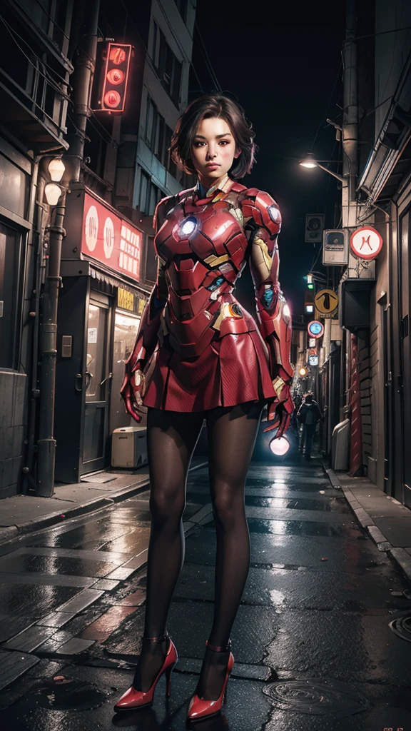 Beautiful Iron Man，Full body portrait，Wear a short skirt，Black pantyhose，Wearing high heels，Cyberpunk，Night，Hyperrealism，Neon Street，Ray Tracing，masterpiece，Light and Shadow，Fine drawing