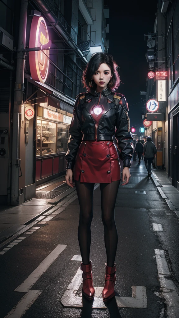 Beautiful Iron Man，Full body portrait，Wear a short skirt，Black pantyhose，Wearing high heels，Cyberpunk，Night，Hyperrealism，Neon Street，Ray Tracing，masterpiece，Light and Shadow，Fine drawing