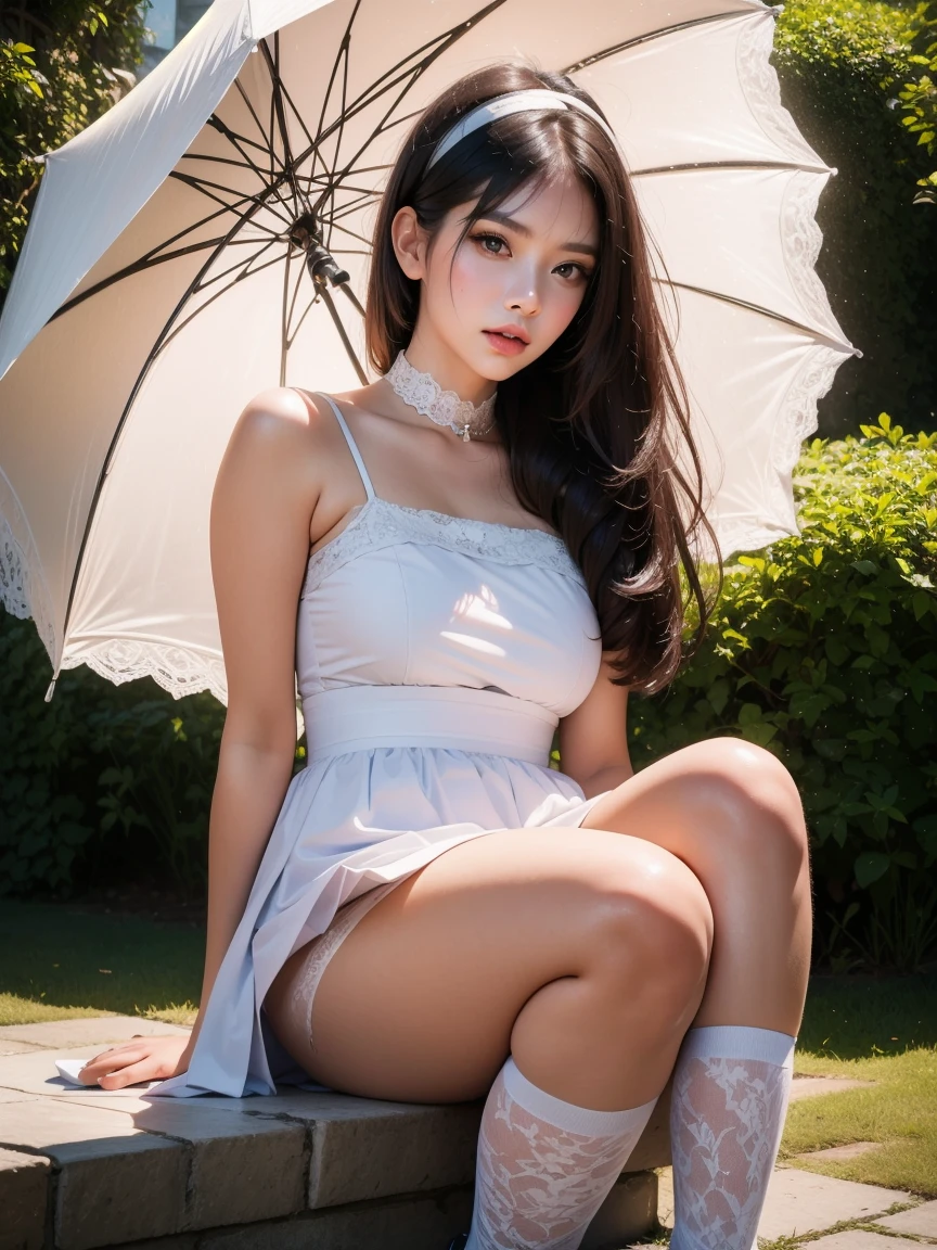 a beautiful young woman in a ****ta style uniform, long brown hair, porcelain skin, big doe eyes, rosy cheeks, pouty lips, intricate lace dress, frilly collar, short skirt, thigh-high stockings, platform shoes, holding a parasol, detailed facial features, (best quality,4k,8k,highres,masterpiece:1.2),ultra-detailed,(realistic,photorealistic,photo-realistic:1.37),delicate, elegant, whimsical, soft lighting, pastel colors, romantic, fairy tale