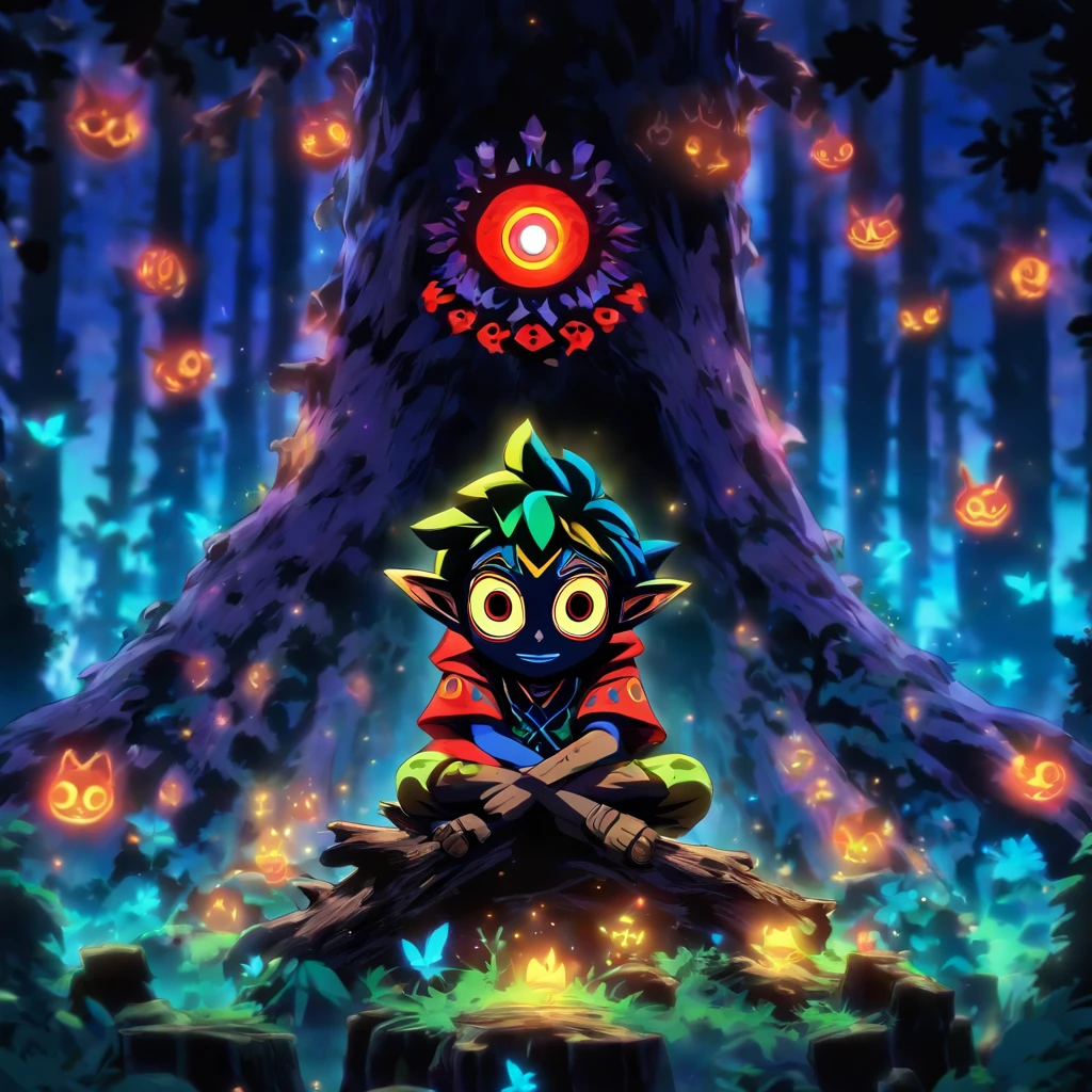 A boy in a dark forest sitting on a fallen tree trunk wearing a majora's mask with a beam of light highlighting him