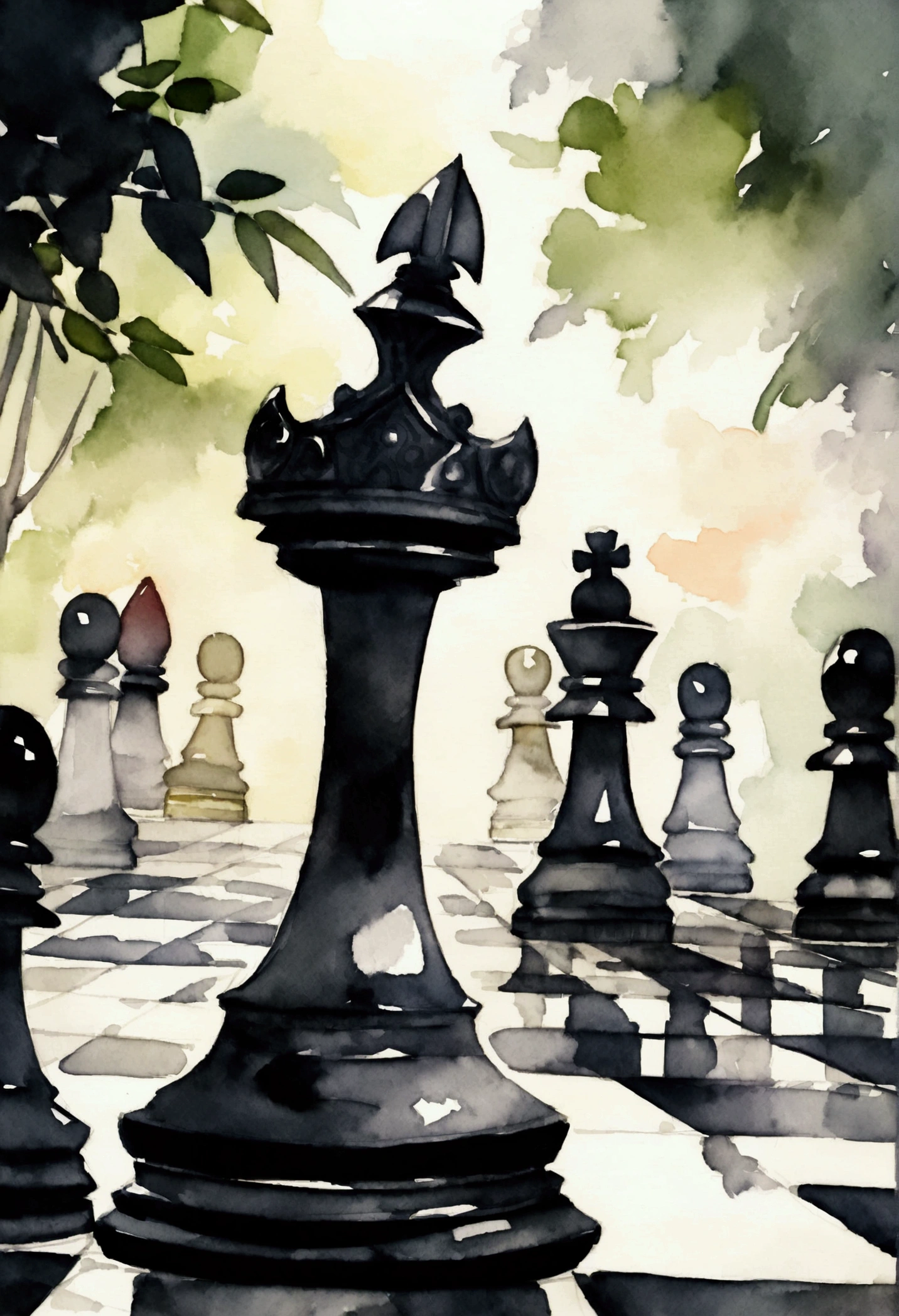 chess game in the palace park, watercolor, chess knight, dark theme