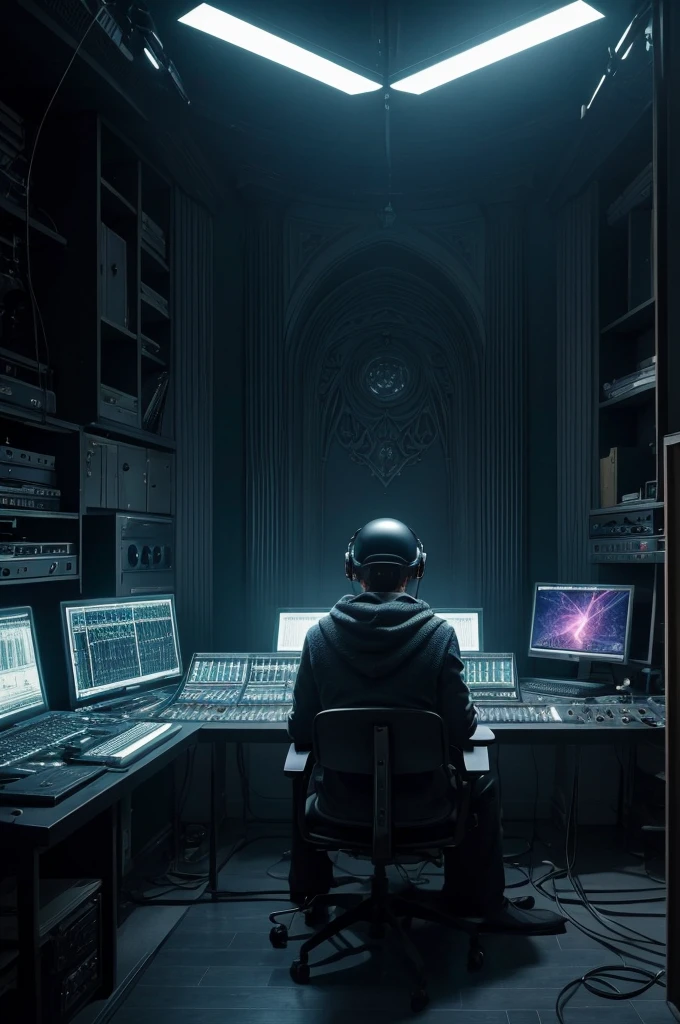 ((obra de arte)), ((melhor qualidade)), ((alta resolução)), ((detalhes finos)) A surreal photograph of a mysterious music producer in their secret recording studio. The producer, face hidden, is seated in a chair with a futuristic helmet adorned with intricate wires connecting to his brain and leading to advanced computers. He is facing away from the camera, absorbed in manipulating high-tech equipment to shape a new era of music. The scene is illuminated by an enigmatic light emanating from his glowing mixing desk, casting a haunting, supernatural aura. Volumetric fog swirls around the room, and sound waves materialize visibly in front of him, enhancing the fantastical and mysterious atmosphere. The composition should follow the rule of thirds, with extreme color fidelity and a Matrix-inspired visual style.