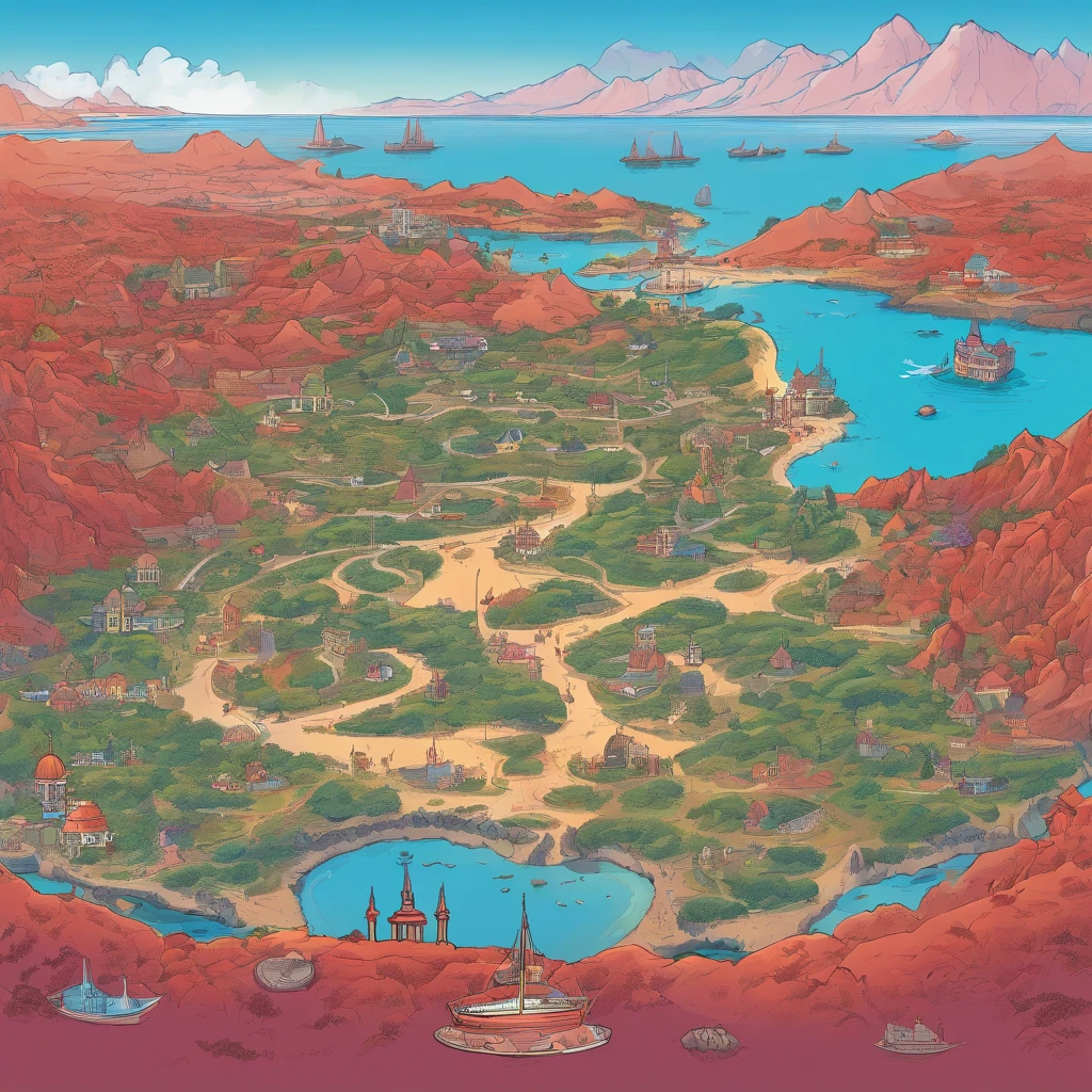 There is a map on the table. The map shows a huge red continent with red vegetation resembling a spiral. In a huge red continent with red vegetation resembling a spiral, there are five small red islands with red vegetation. To the left of a huge red continent with red vegetation resembling a spiral is a union of red islands with red vegetation that form a harbor. there are poles below and above. all this is surrounded by a huge amount of lavender-colored water.