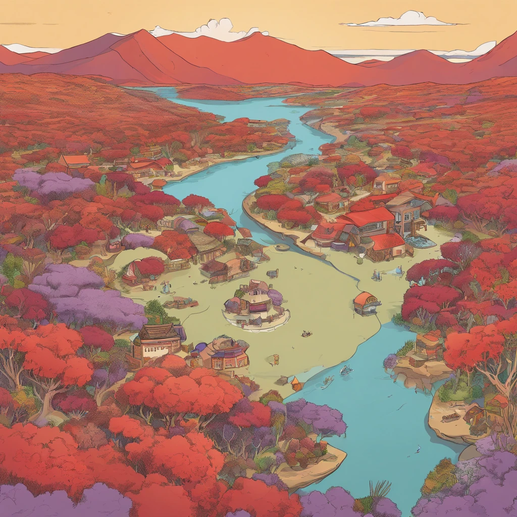 There is a map on the table. The map shows a huge red continent with red vegetation resembling a spiral. In a huge red continent with red vegetation resembling a spiral, there are five small red islands with red vegetation. To the left of a huge red continent with red vegetation resembling a spiral is a union of red islands with red vegetation that form a harbor. there are poles below and above. all this is surrounded by a huge amount of lavender-colored water.