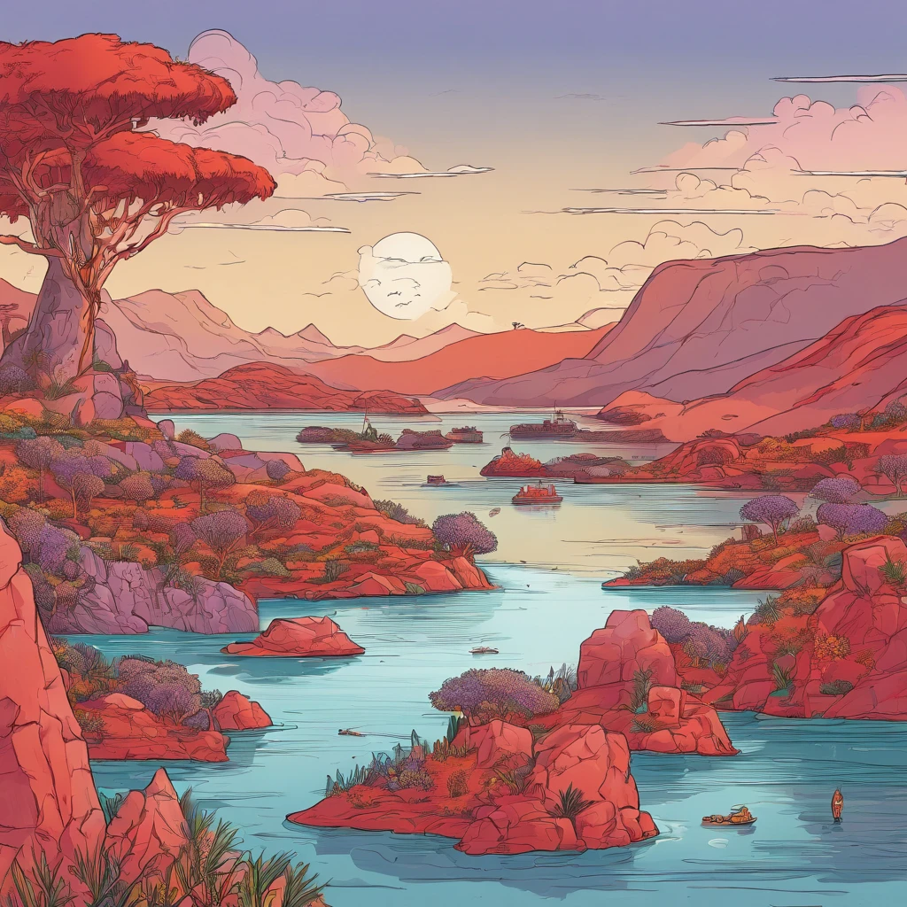 There is a map on the table. The map shows a huge red continent with red vegetation resembling a spiral. In a huge red continent with red vegetation resembling a spiral, there are five small red islands with red vegetation. To the left of a huge red continent with red vegetation resembling a spiral is a union of red islands with red vegetation that form a harbor. there are poles below and above. all this is surrounded by a huge amount of lavender-colored water.
