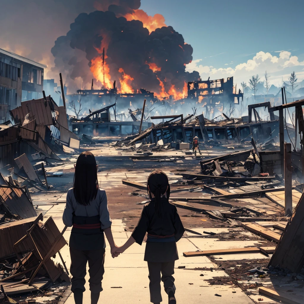a mother and kid holding hands looking at a destroyed in fire feudal japanese city, back view, dinamic camera, 