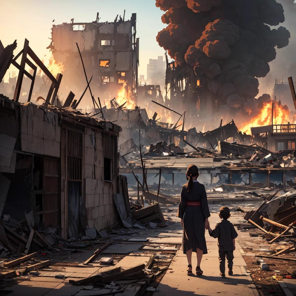 a mother and kid holding hands looking at a destroyed in fire feudal japanese city, back view, dinamic camera,