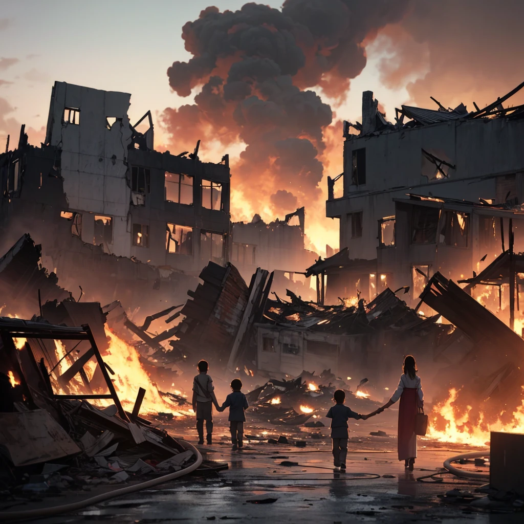a mother and kid holding hands looking at a destroyed in fire feudal japanese city, back view, dinamic camera,