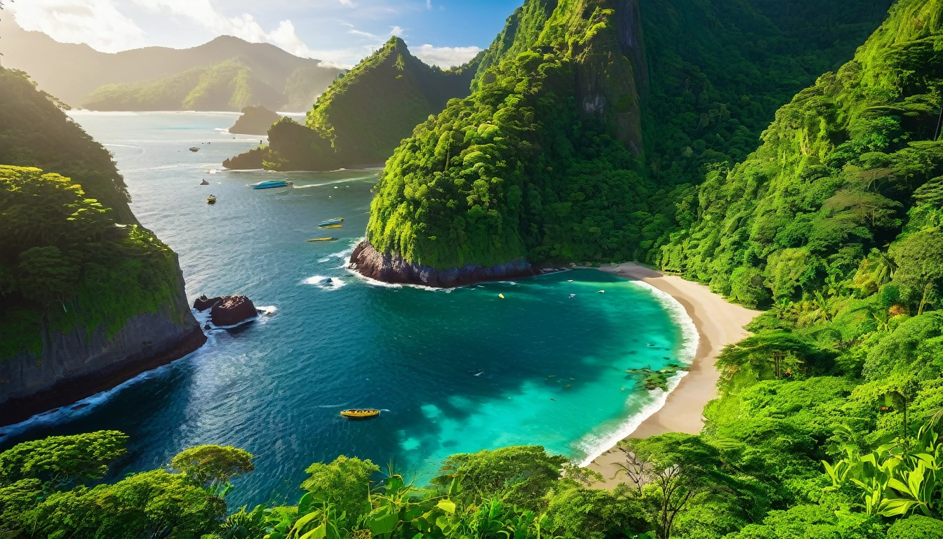 A scenes of diverse, vibrant environments: lush forests, bustling cities, serene oceans