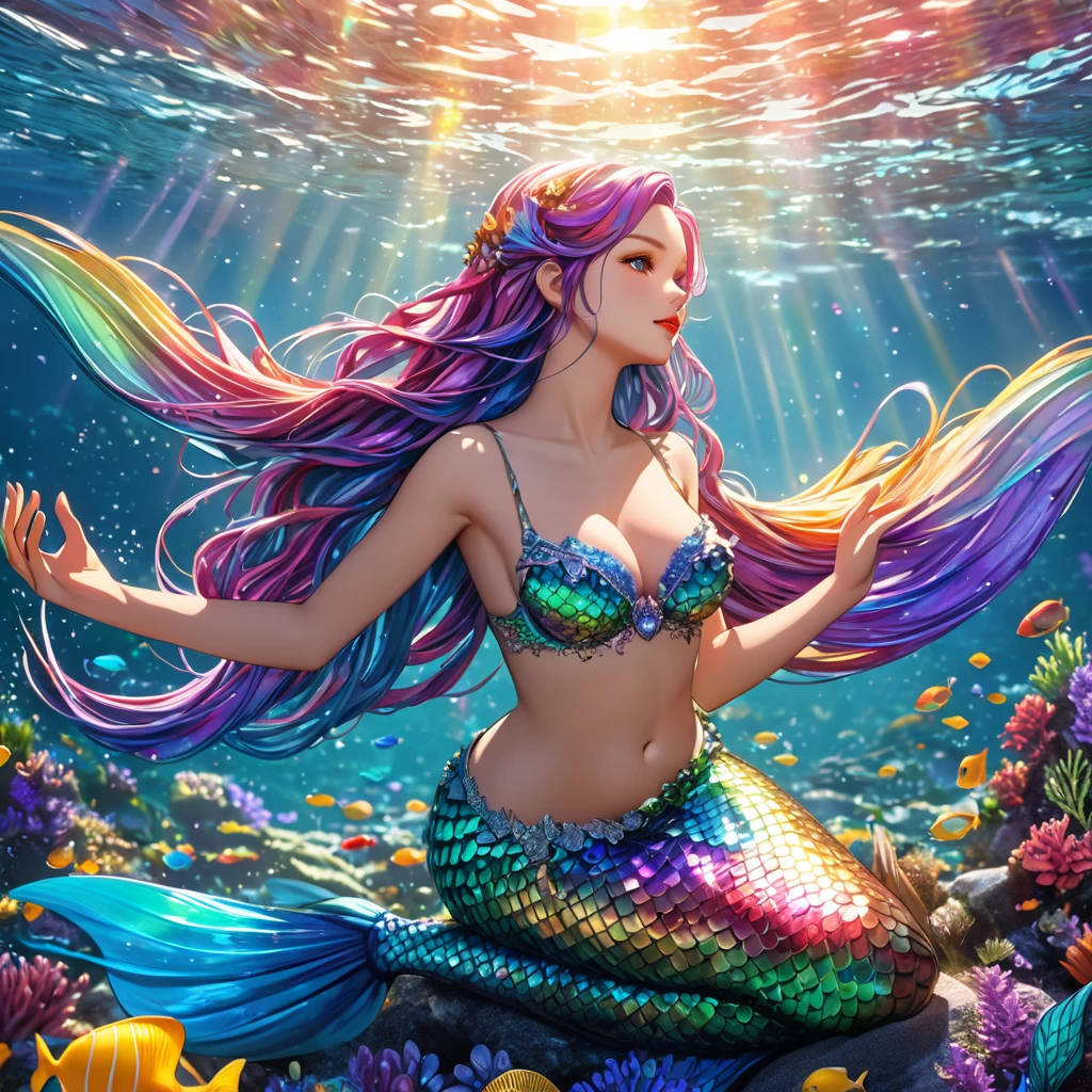 cute 20 year old mermaid with rainbows colored hair with mermaid braids wearing beautiful hair accessoires coming out of the ocean surface, sunset, wears a rainbows glittery mermaid bra, beautiful mermaid, beautiful detailed human face, red lips, alluring eyes, elaborated mermaid rainbow tail, serene, masterpiece, full body shot, highres, high resolution, high quality, intricate details, extremely detailed, incredible details, full colored, complex details, insanely detailed and intricate, extremely detailed with rich colors. masterpiece, best quality, HDR, UHD, unreal engine, High quality, gorgeous, glamorous, 8k, super detail, gorgeous light and shadow, detailed decoration, detailed lines, glittery, fantasy, pretty colors, anime style