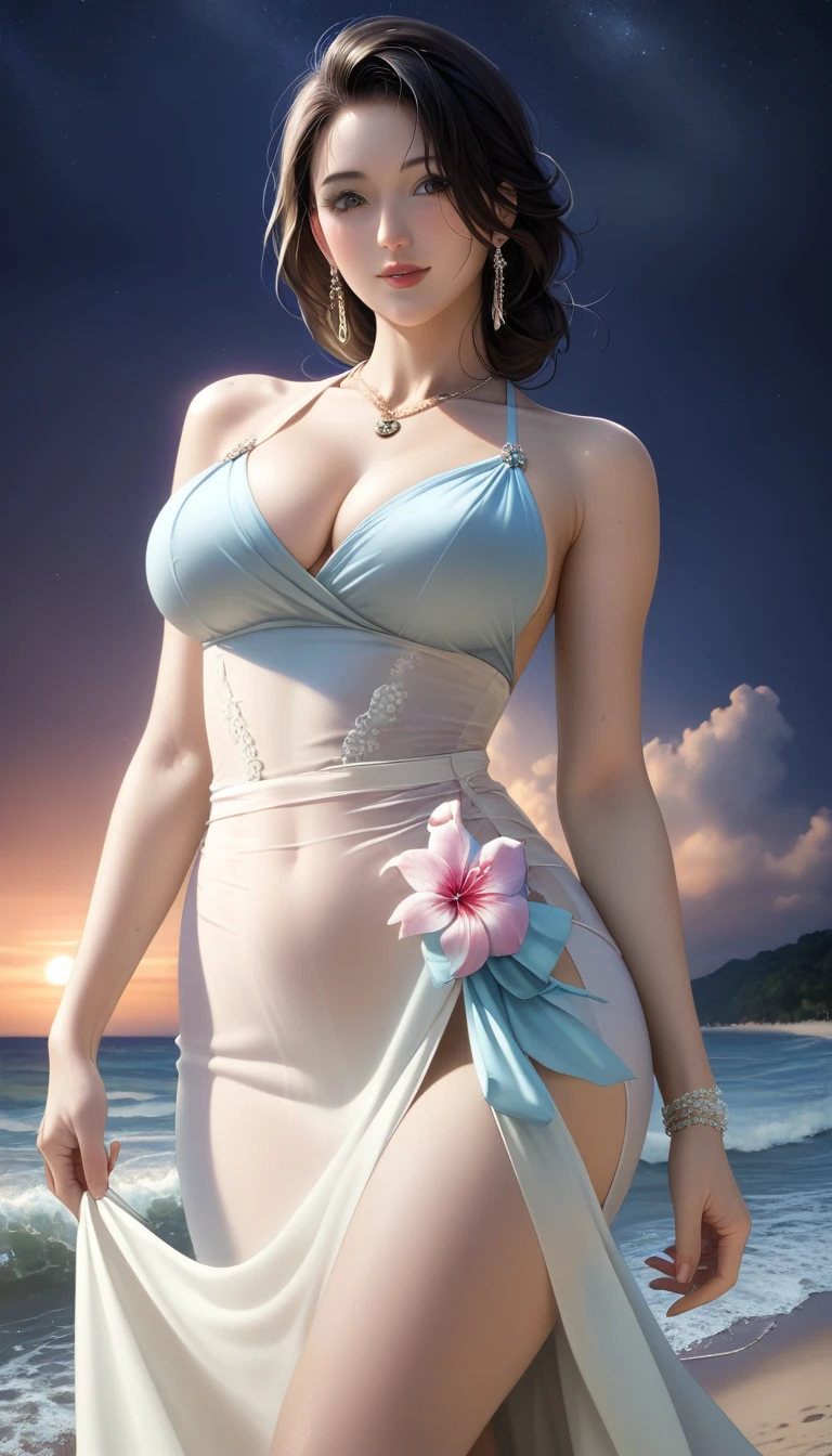 score_9, score_8_superior, score_7_superior, Masterpieces with up to 16K resolution,Highest quality,it is really amazing,Very detailed,Ultra-high resolution,Real,Realistic,Increased depth of field,Cinematic lighting,
(sexy japanese milf:1.5),
Long black hair,Ultra-detailed and beautiful faces,Translucent white skin,Very detailedな肌の質感,Slender body,Anatomically correct body,
(elegant beach dress:1.5),
Summery design,Beautiful and detailed pattern,Detailed fabric texture,
Gorgeous necklace,Earrings,
(Coastal scenery at night:1.5),
Dark Clouds,Dark Sky,delay々Continuing sandy beach, Deserted Beach,Dark sea surface,
Low angle shot,